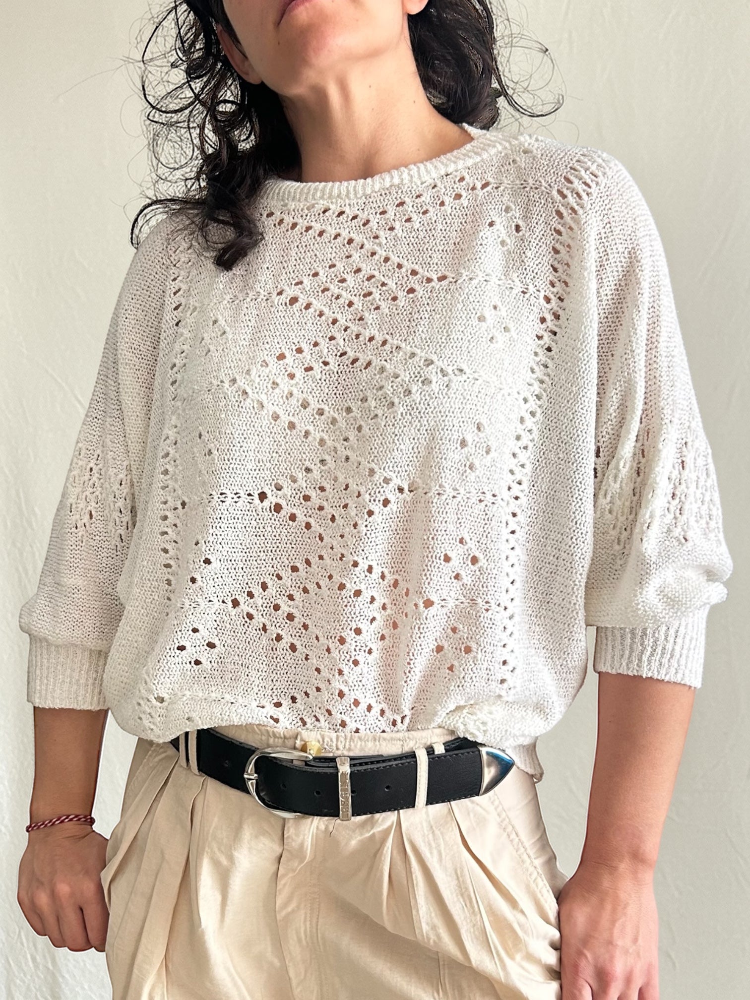 Vintage Batwing Pointelle Knit Sweater