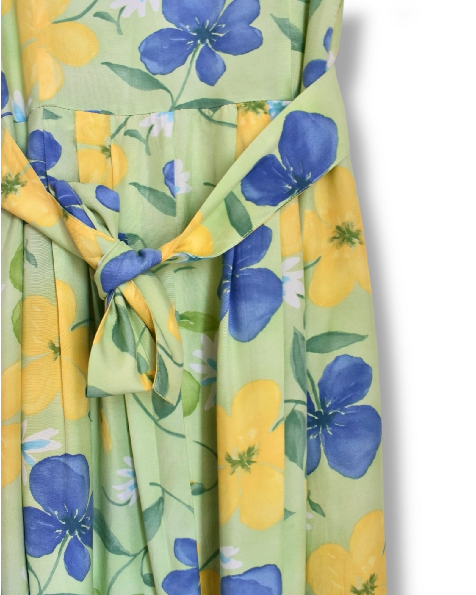 Vintage Pleated Long Dress – Light Green with Floral Print, Shoulder Pads