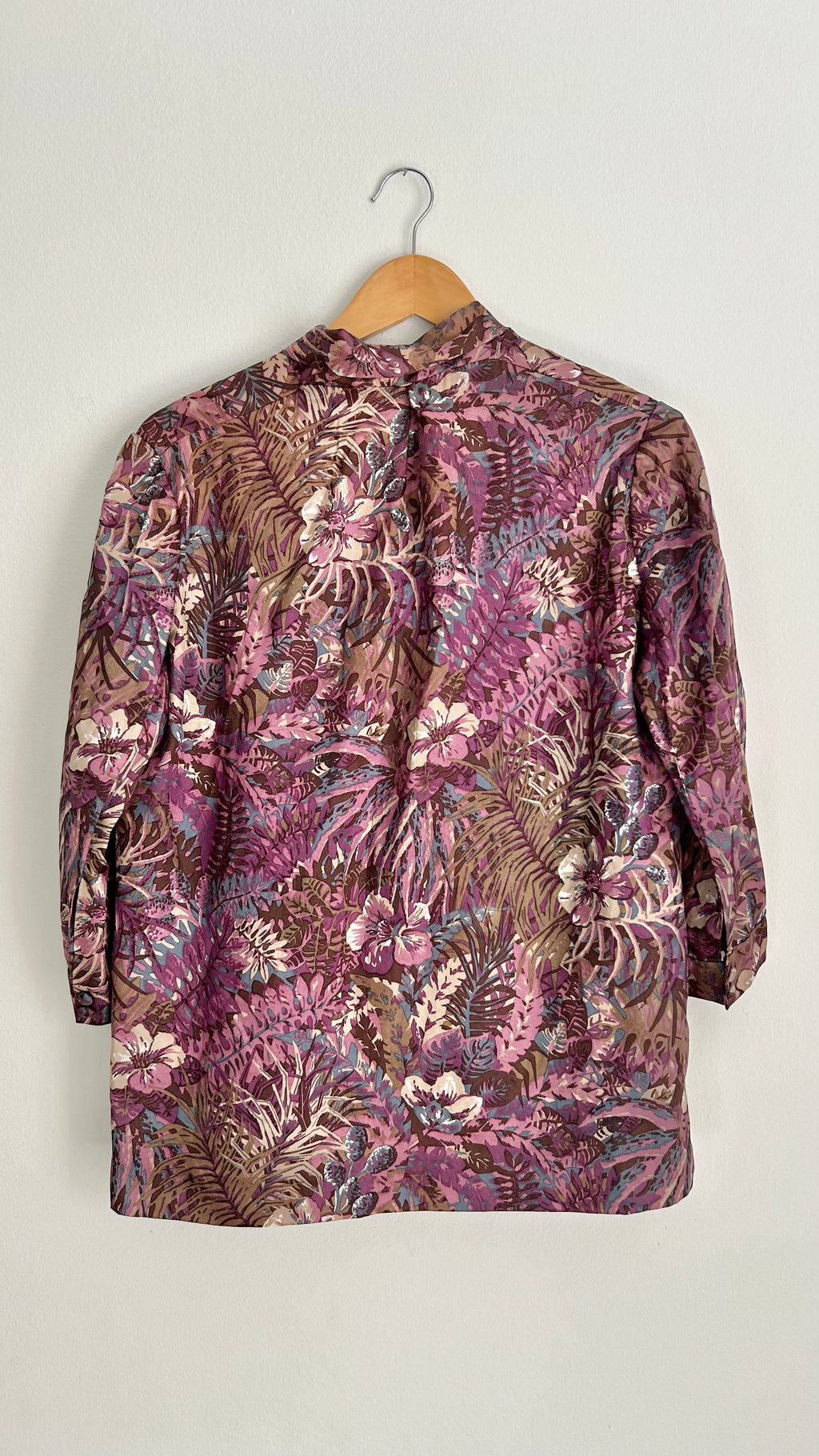 Handmade Long-Sleeve Double-Button Blouse with Neck Tie – Dark Purple Floral