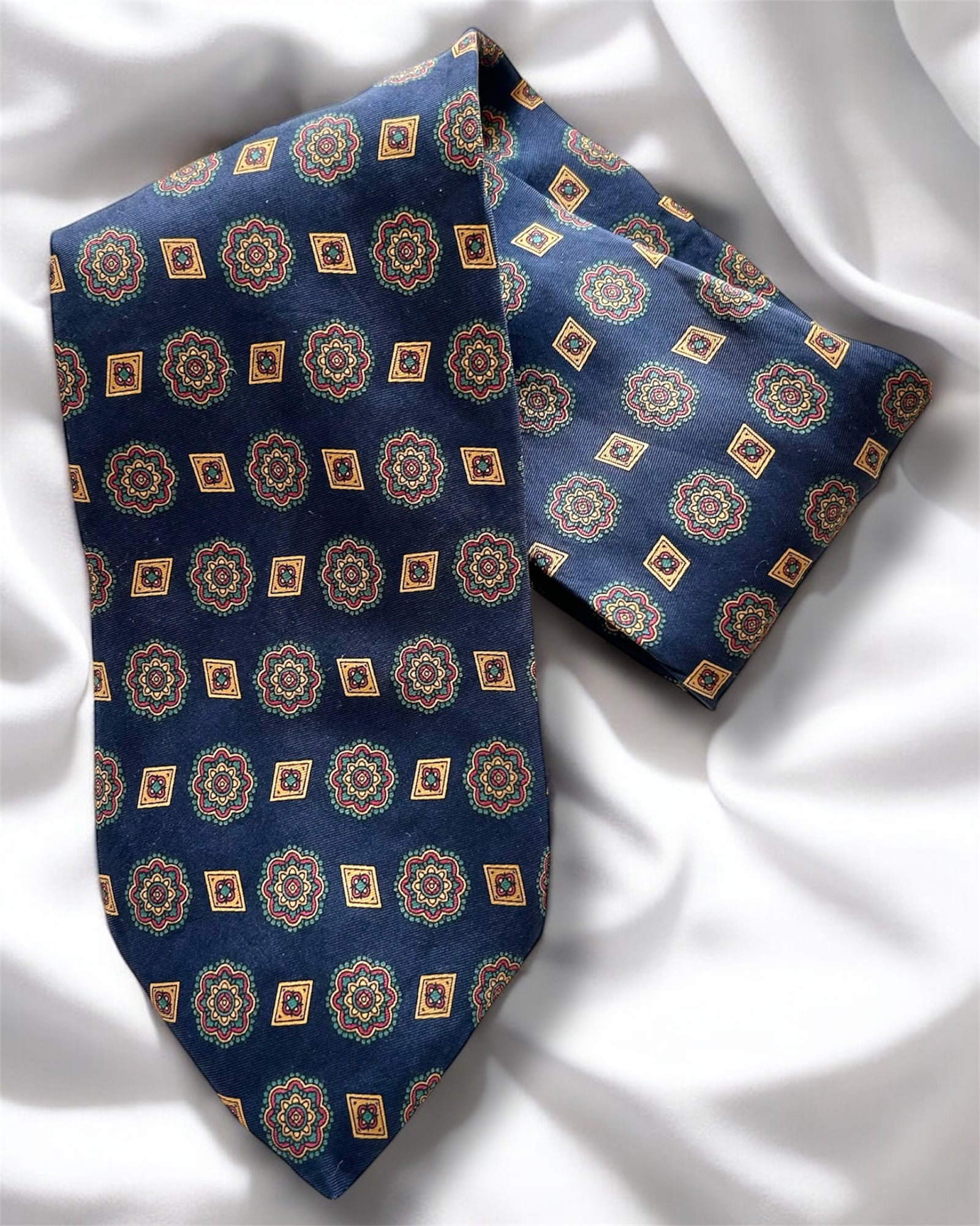 Vintage 100% Silk Tie — Geometric Medallion Pattern