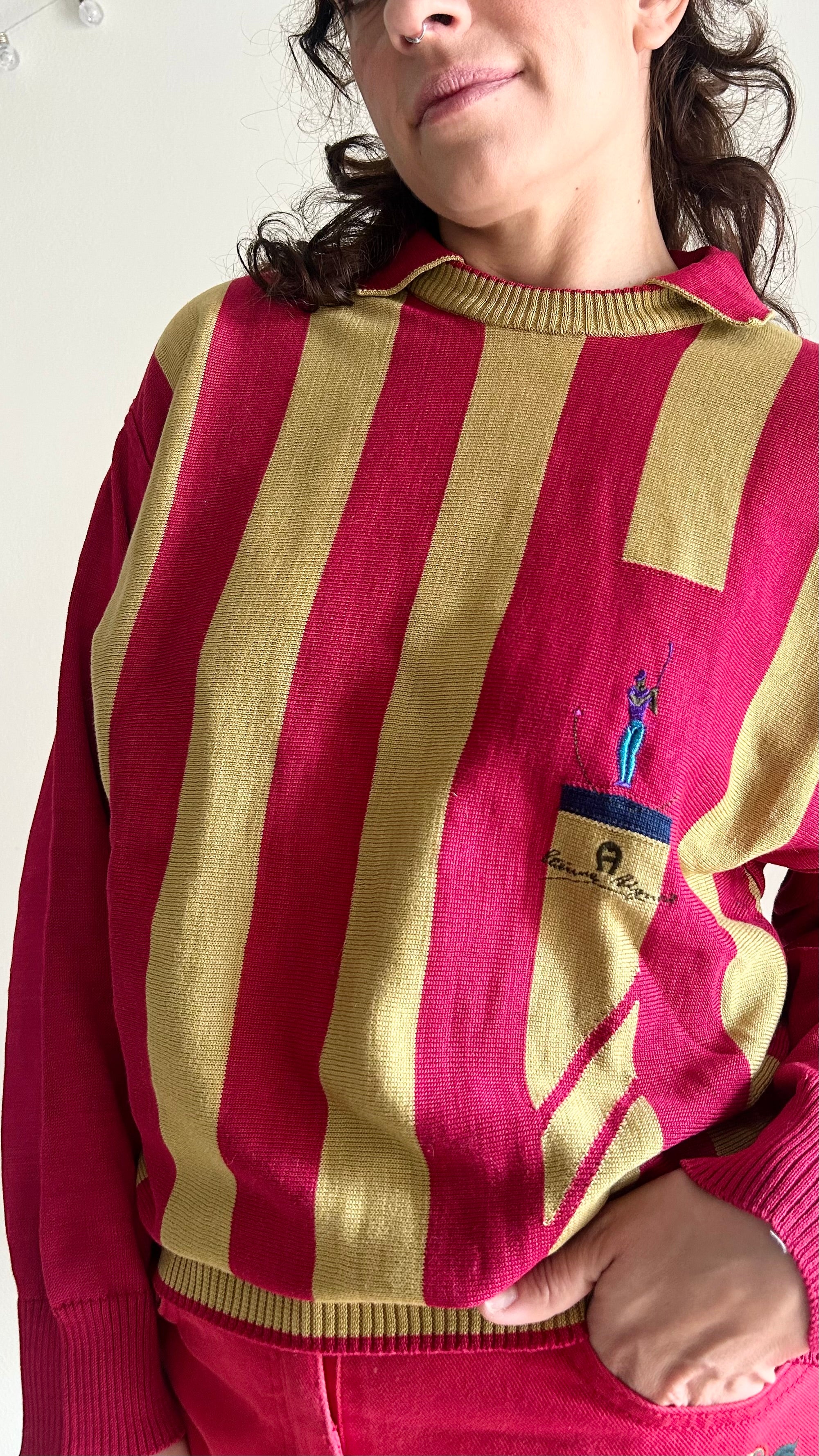 Vintage Etienne Aigner Striped Long Sleeve Polo