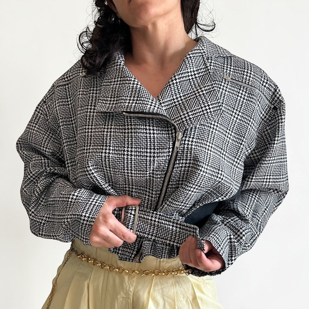 80s Houndstooth Plaid Moto Jacket • Padded Shoulders • Belted Waist