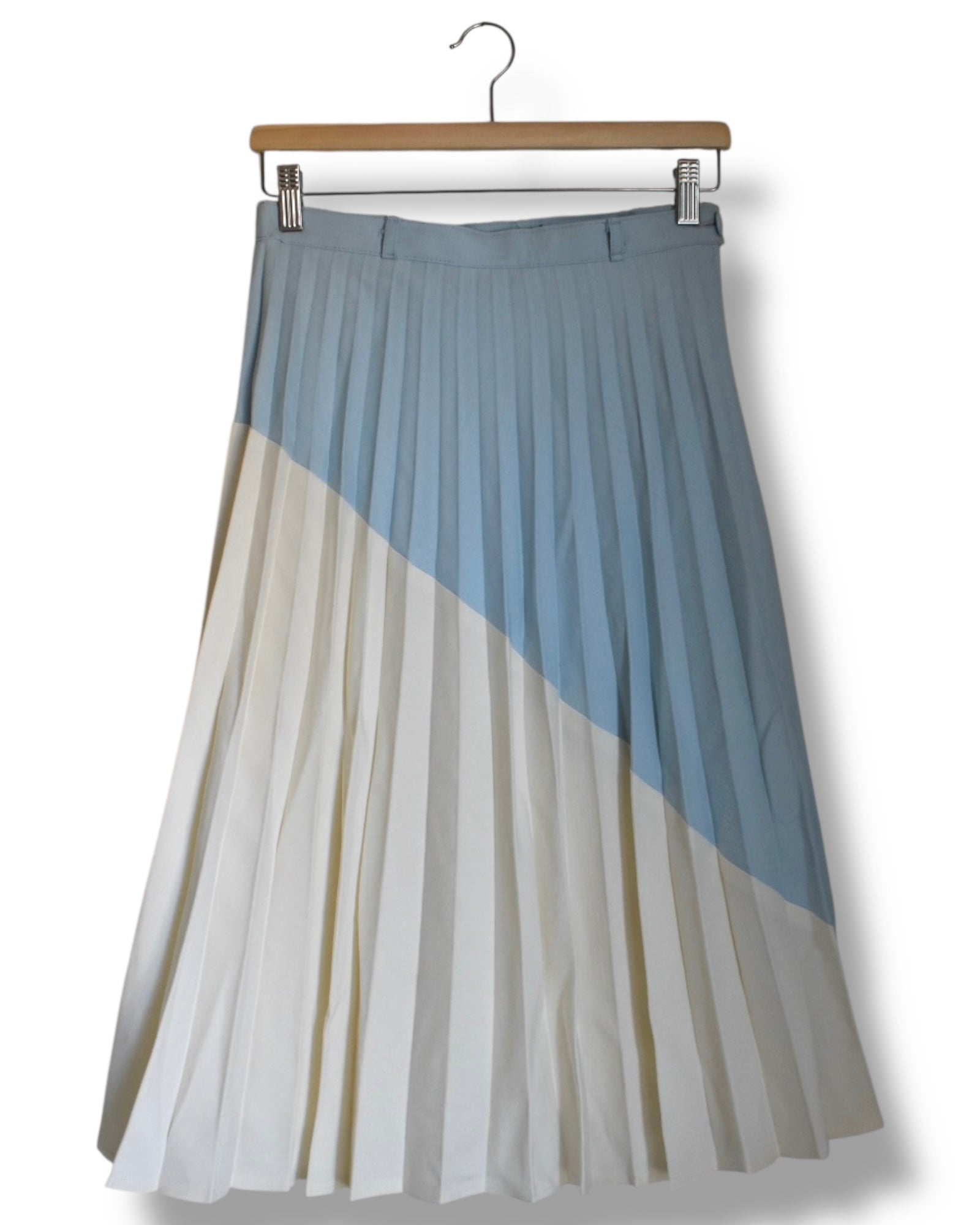 Vintage 1970s Canda Pleated Midi Skirt – Two-Tone Ecru & Baby Blue