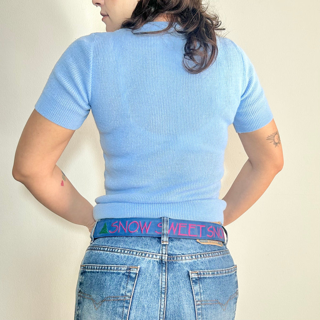 1970s Sky Blue Pointelle Ribbed Knit Top