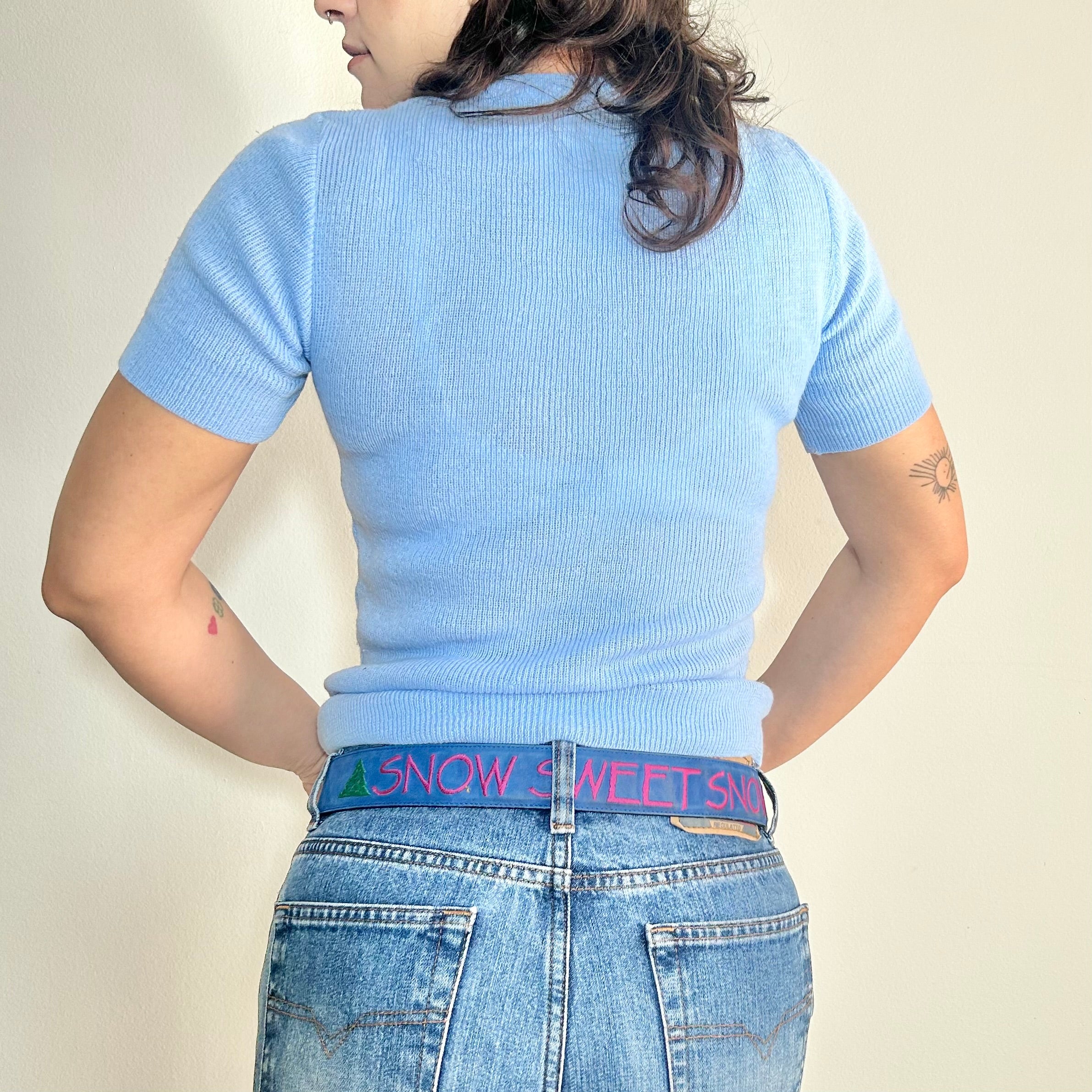 1970s Sky Blue Pointelle Ribbed Knit Top