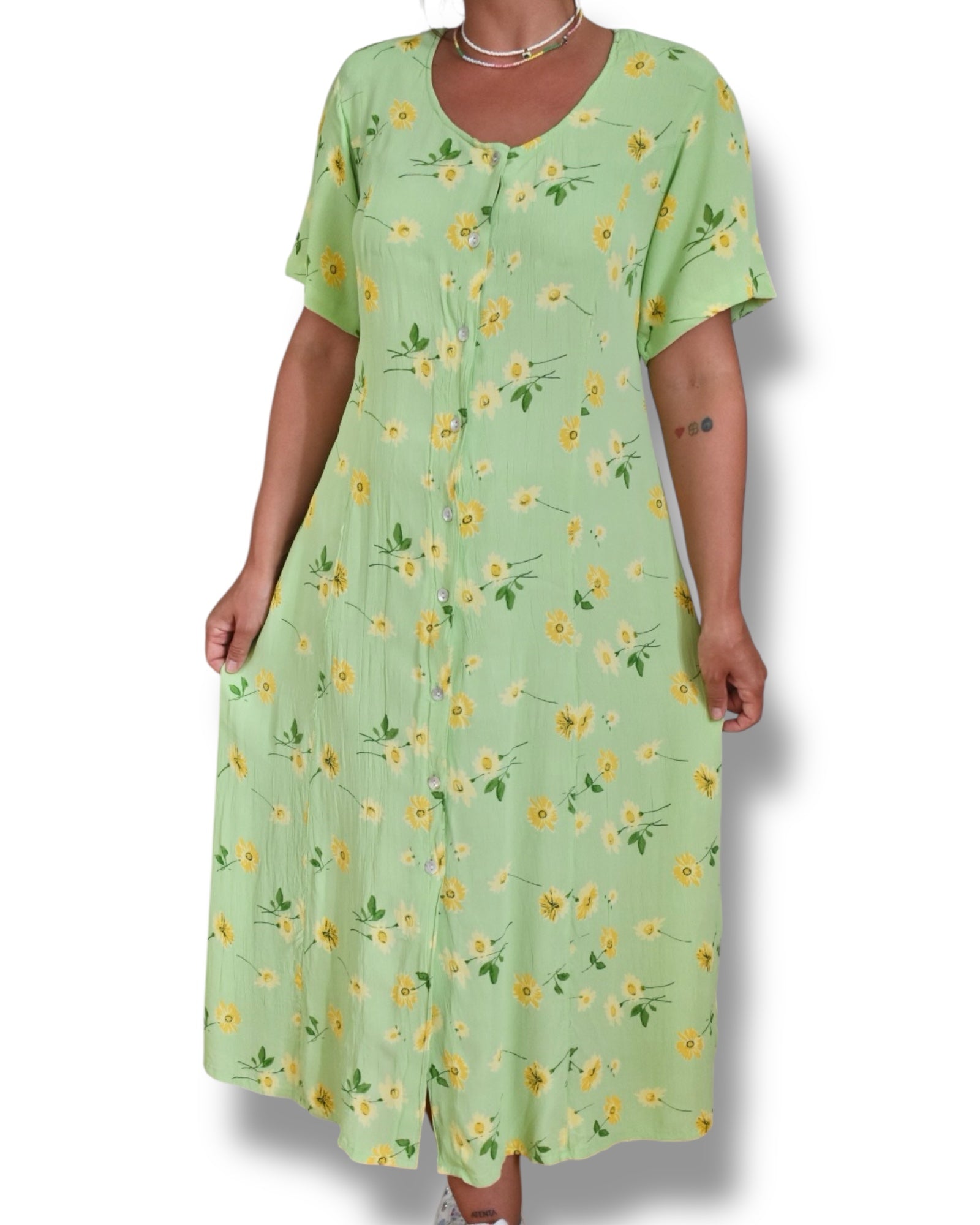 Vintage 80s/90s Green Floral Midi Dress – 100% Viscose