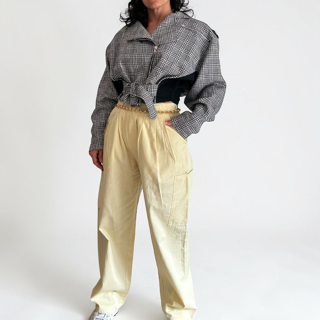 80s Houndstooth Plaid Moto Jacket • Padded Shoulders • Belted Waist