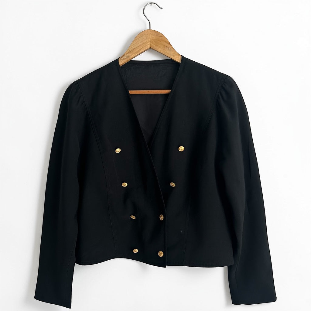 90s Cropped Black Blazer • Double-Breasted Gold Buttons