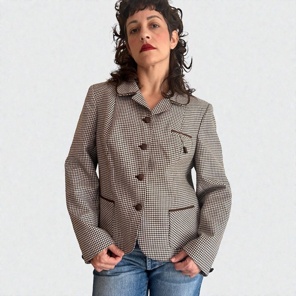 Vintage Houndstooth Virgin Wool Blend Blazer - Brown & Cream