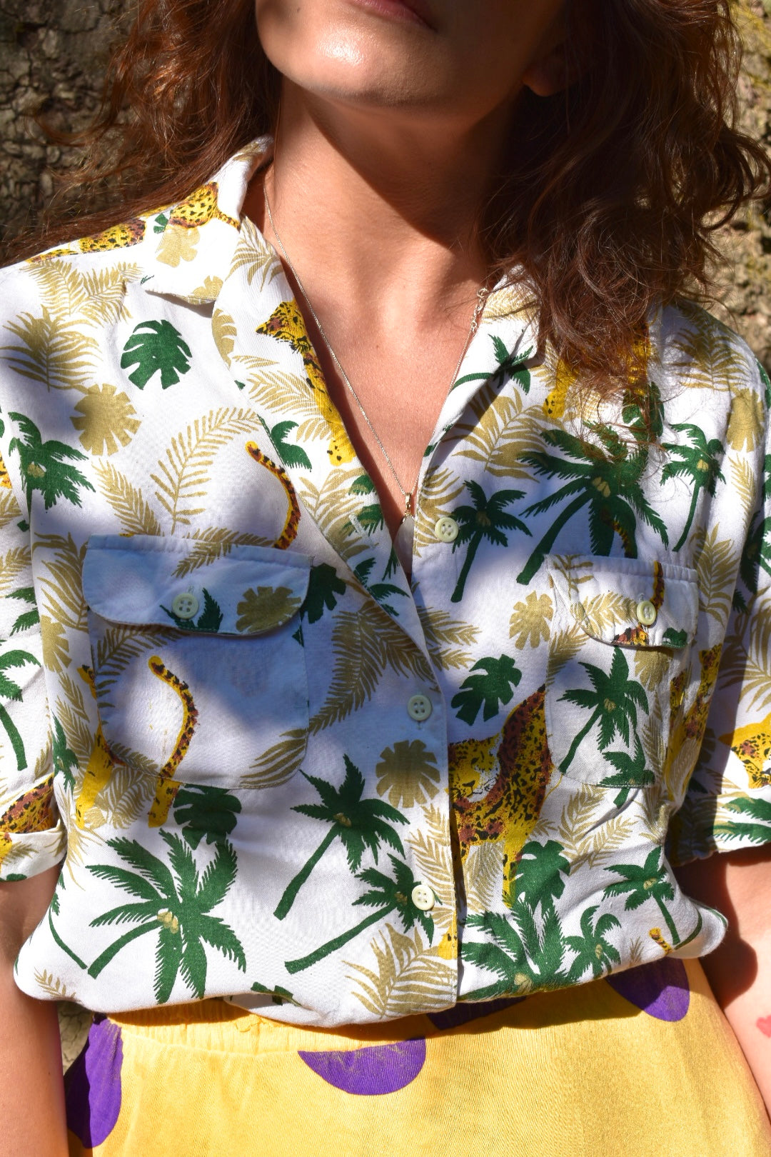 Vintage Cropped Button-Up Shirt with Tropical Leopard Print