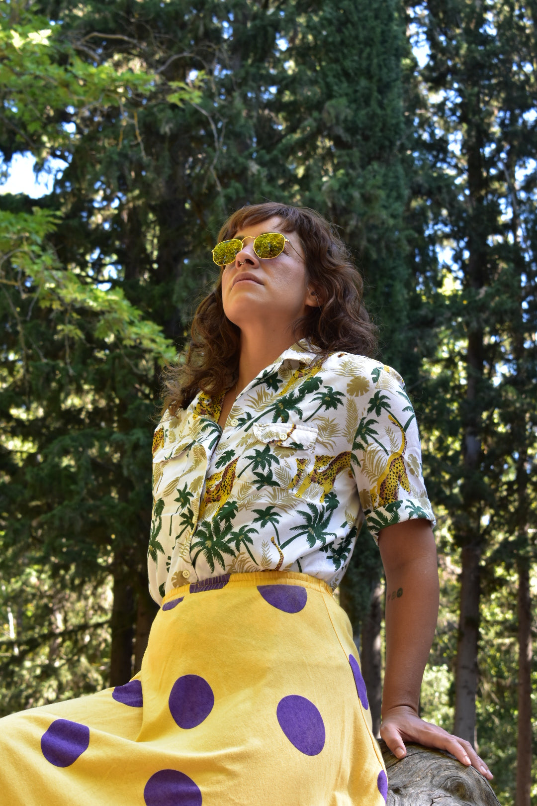Vintage Cropped Button-Up Shirt with Tropical Leopard Print