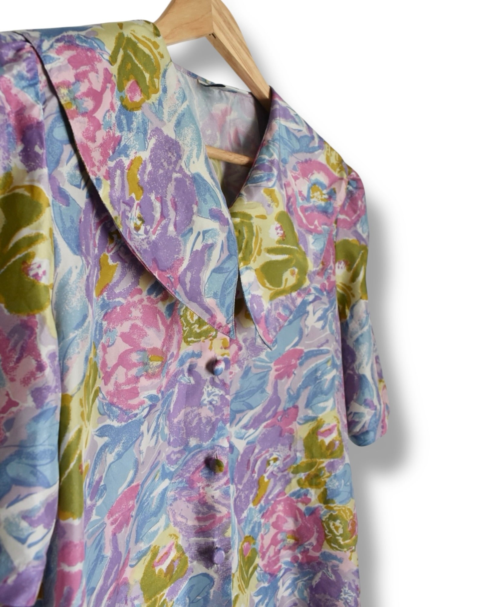 Vintage 1980s Silk Floral Blouse with Oversized Collar
