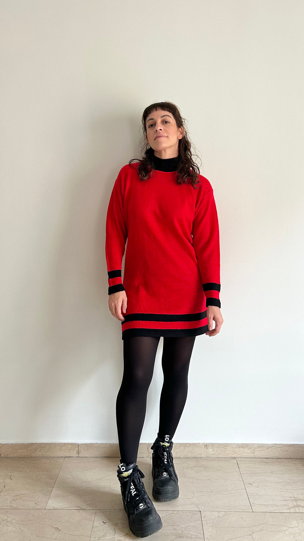 Vintage Red Knit Mini Dress with Black Details