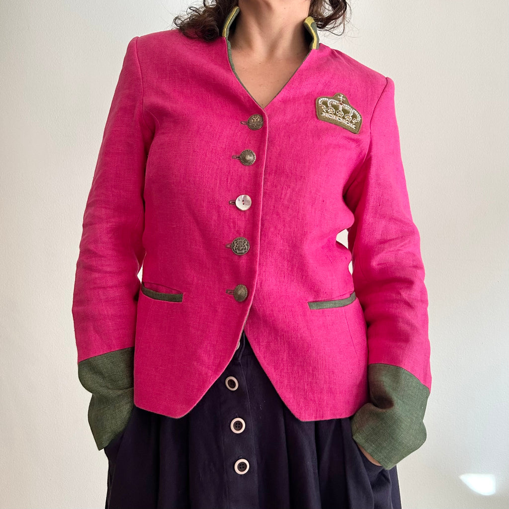 Heritage Trachten Statement Blazer – Fuchsia Linen & Olive Contrast