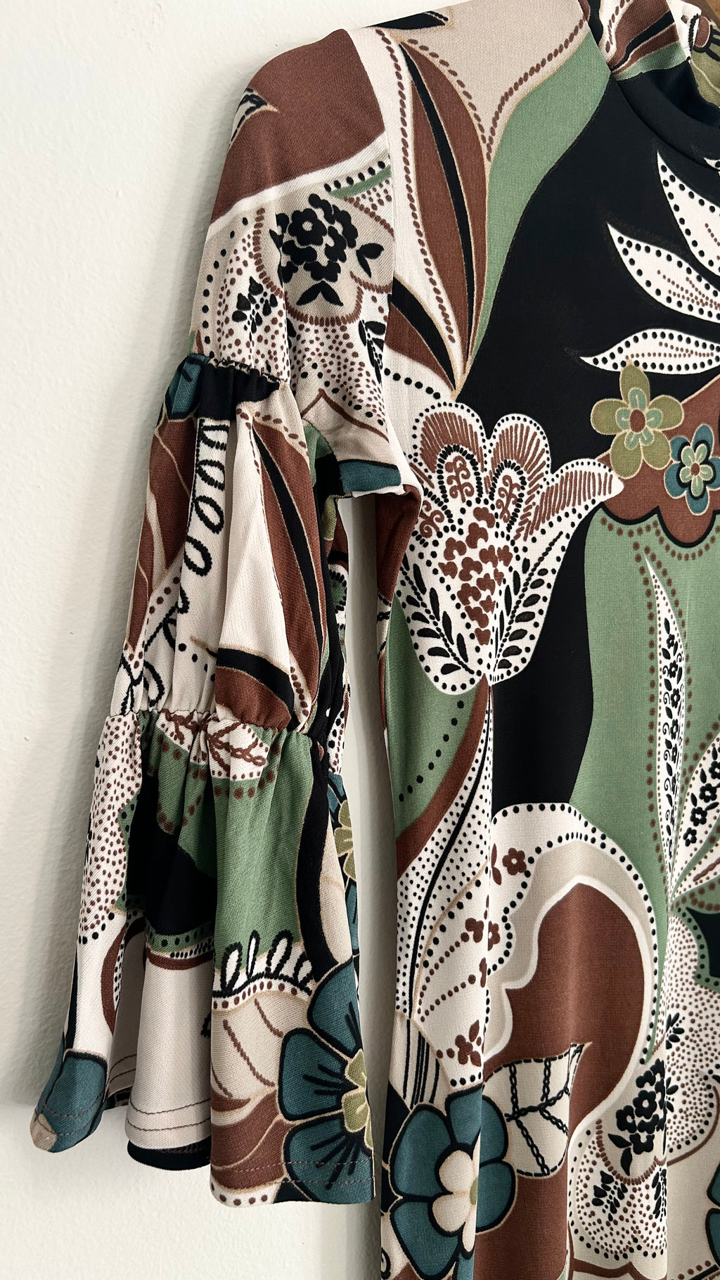 Y2K Dress – 100% Rayon – Green, Brown & White – 3/4 Sleeves