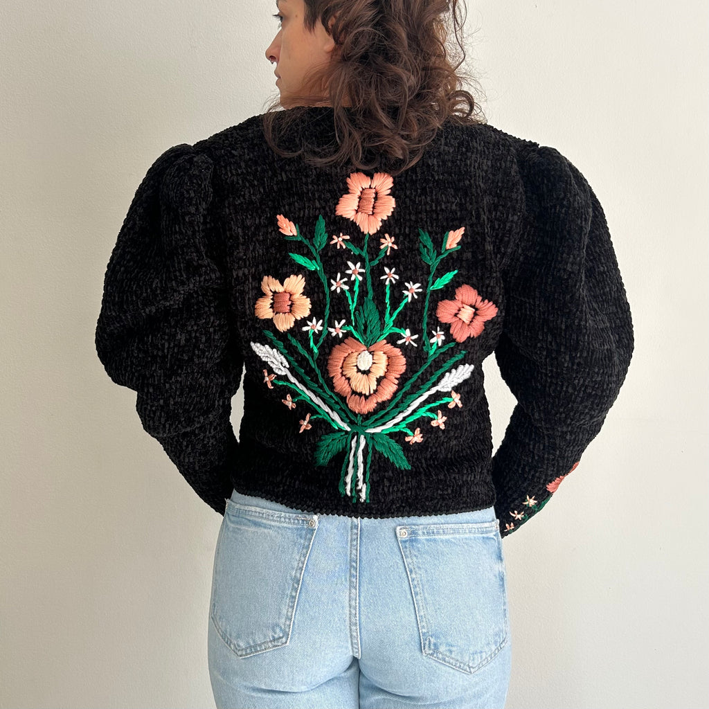 Handmade Black Chenille Floral Cardigan