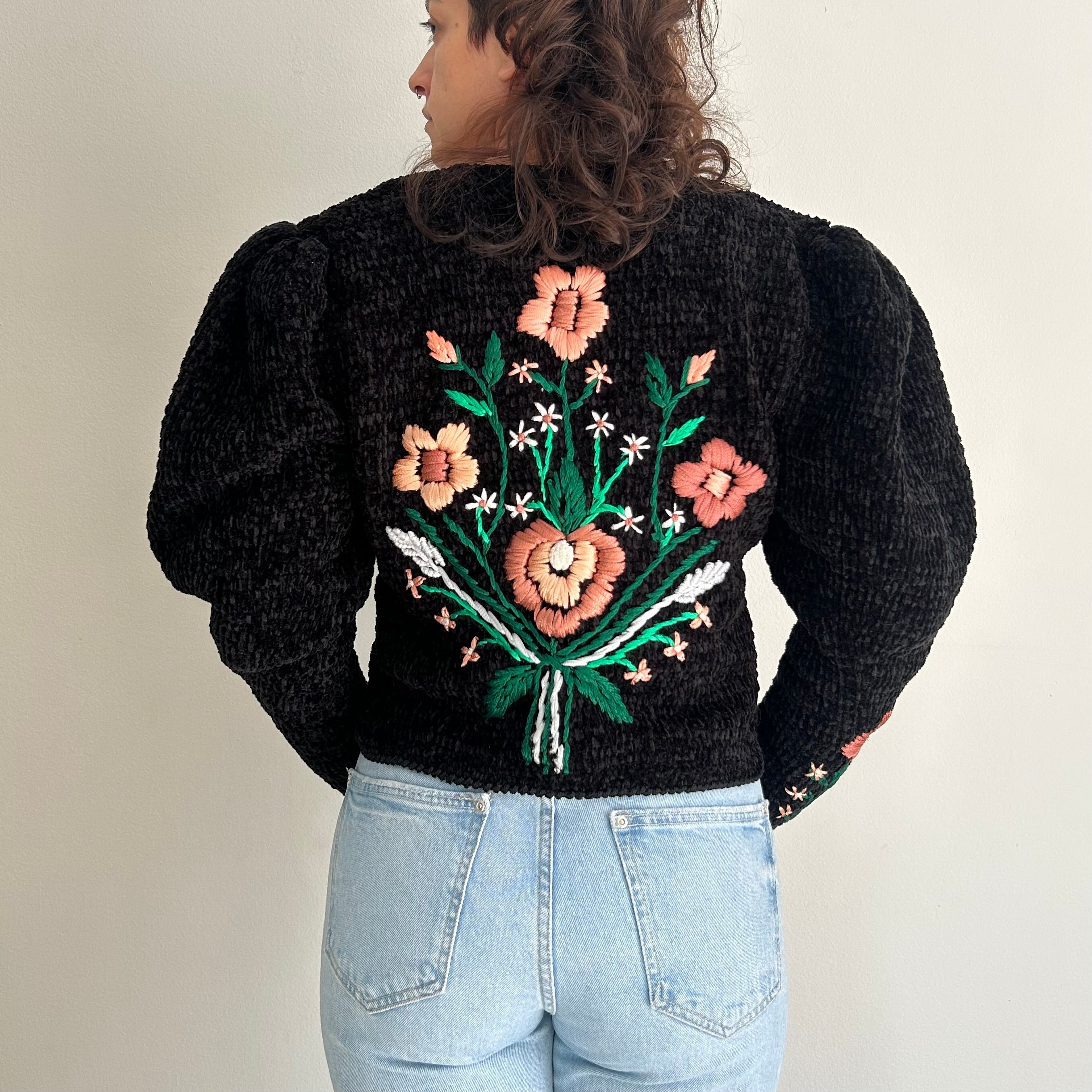 Handmade Black Chenille Floral Cardigan