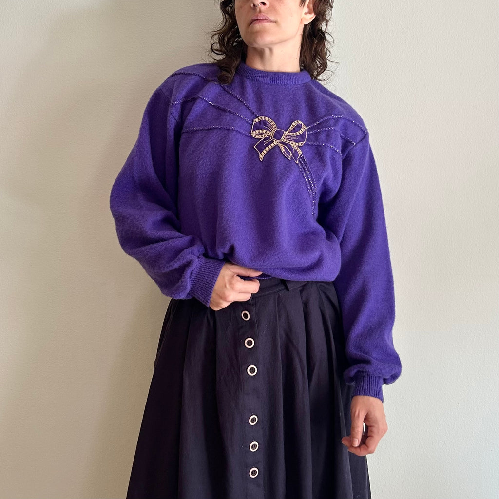 Vintage 80s Statement Knit – Royal Purple & Gold Bow Detail