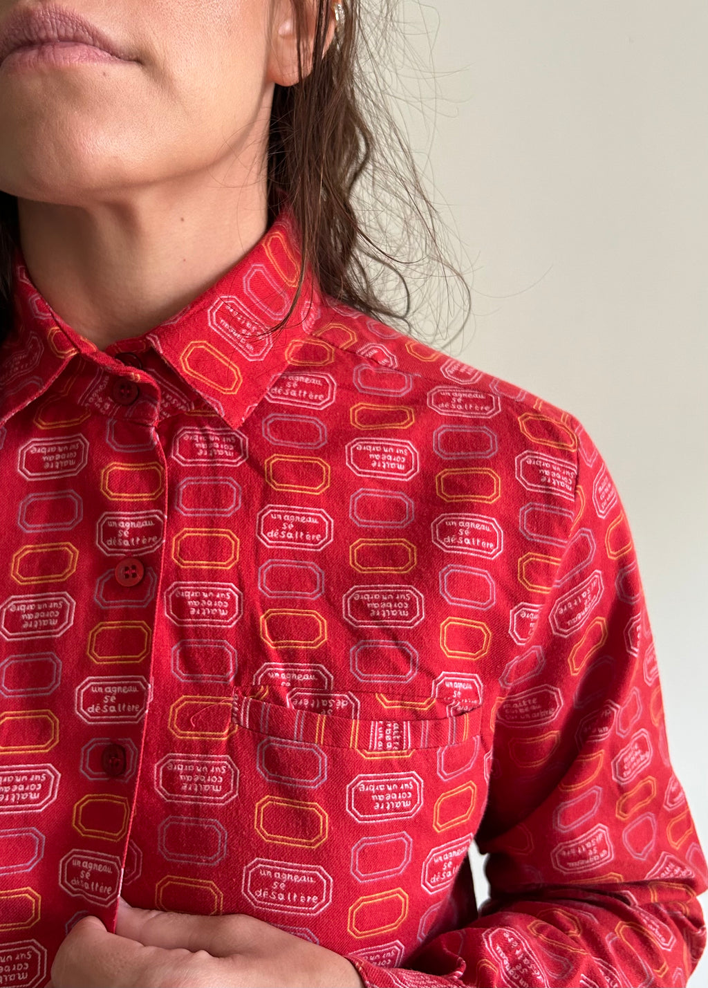 Vintage Red Flannel Shirt with Hexagonal Print
