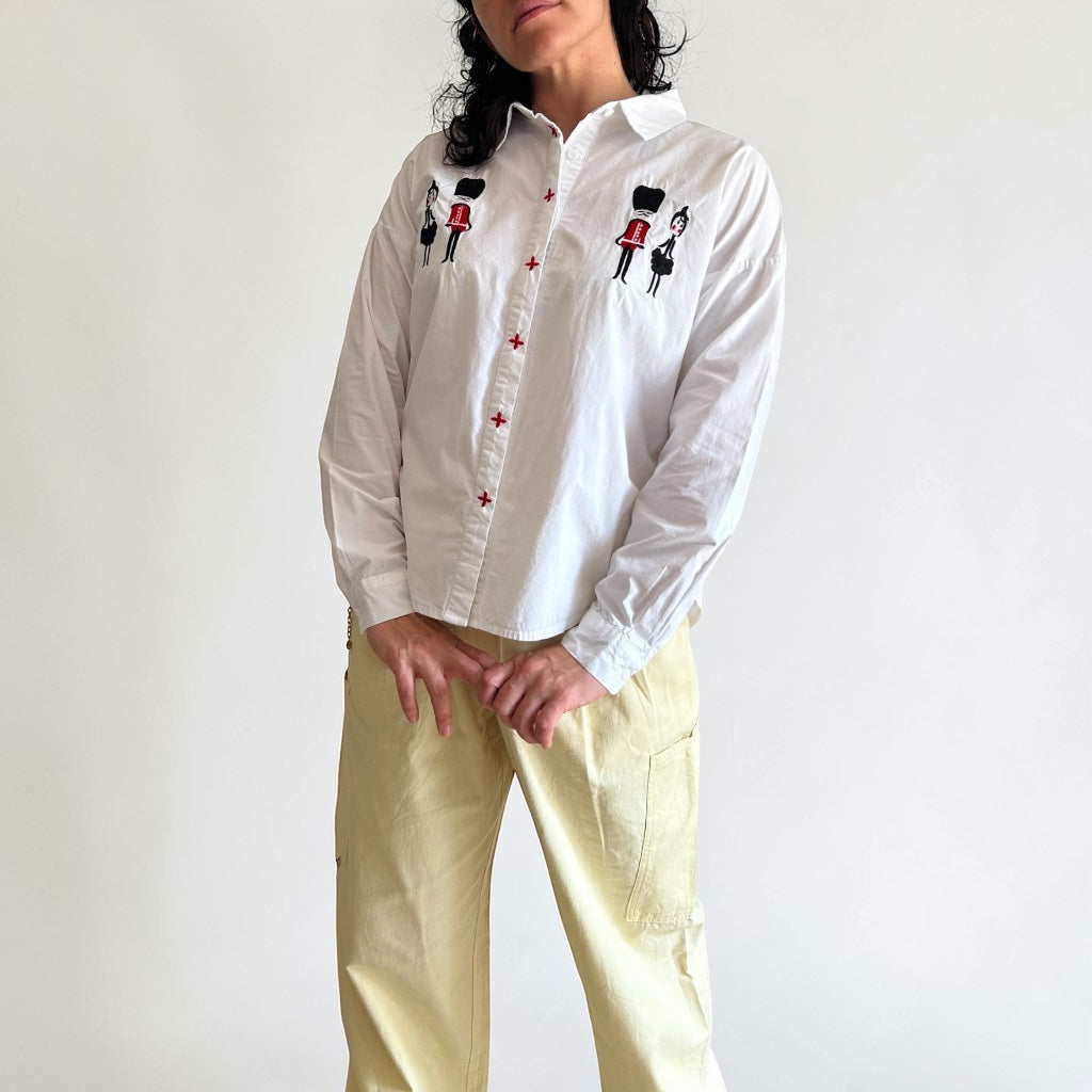 Whimsical Embroidered White Shirt • London Guard & Character Motifs