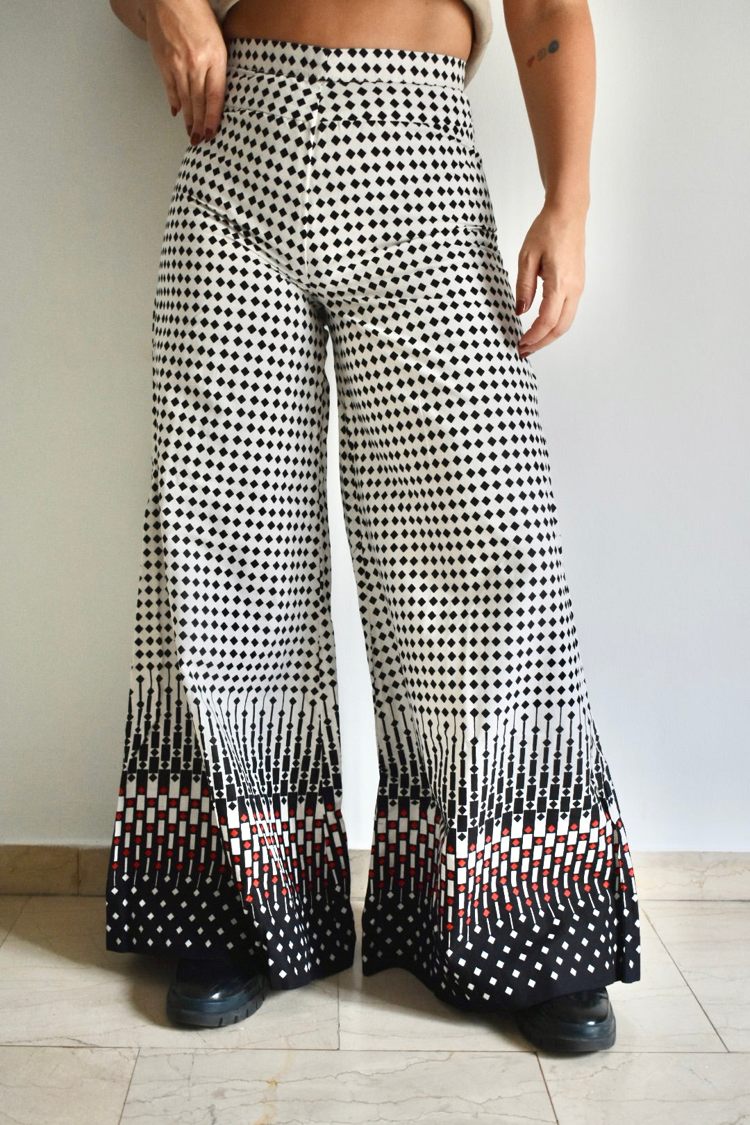 Vintage Handmade 70s High-Waist Flared Pants with Geometric Print
