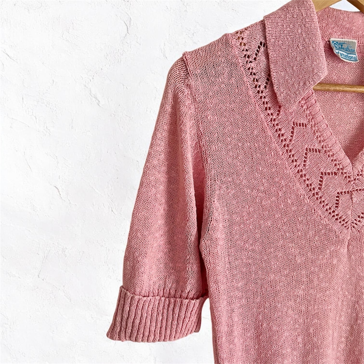 Vintage Romantic Pointelle Knit – Dusty Pink Polo Sweater