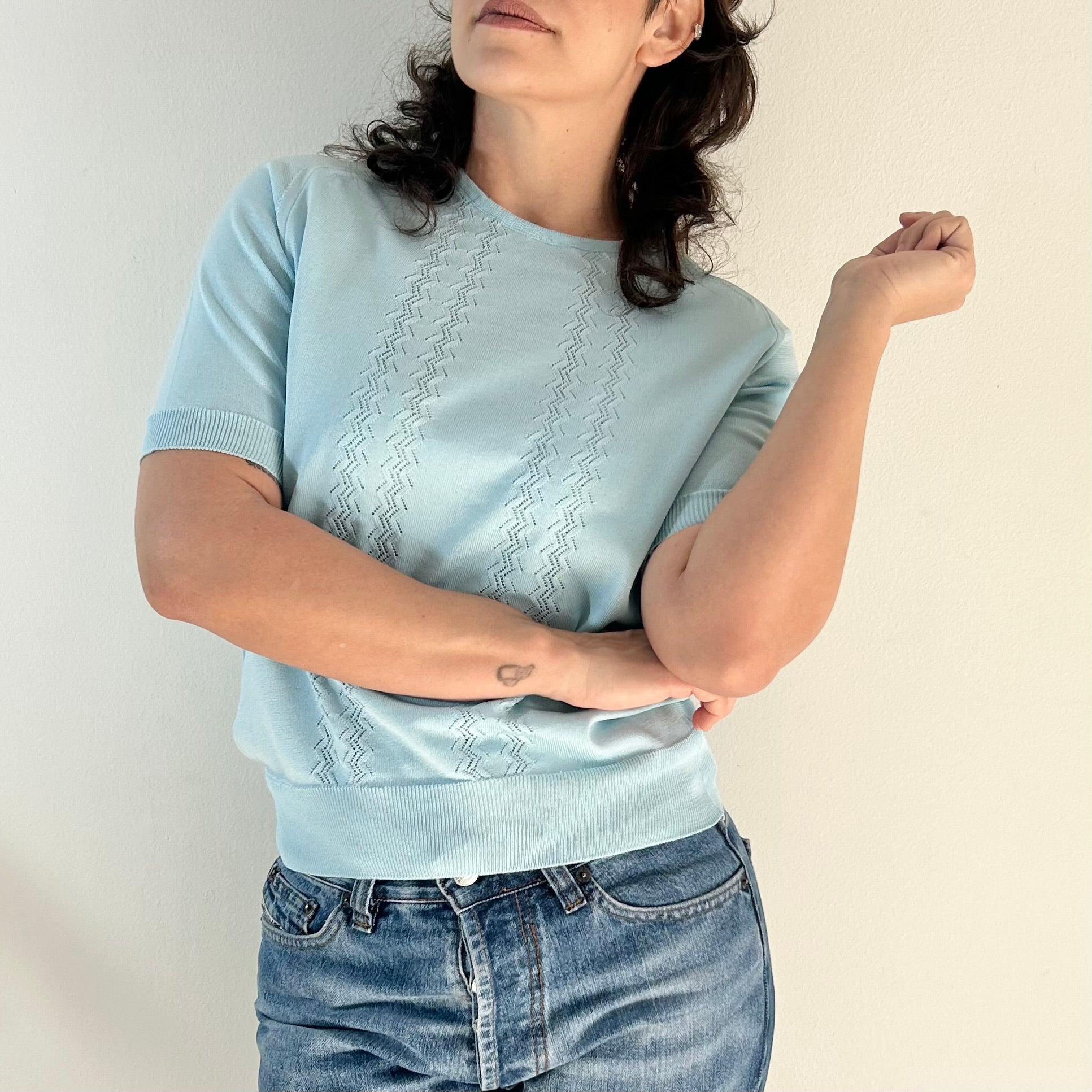 70s Blue Pointelle Knit Top