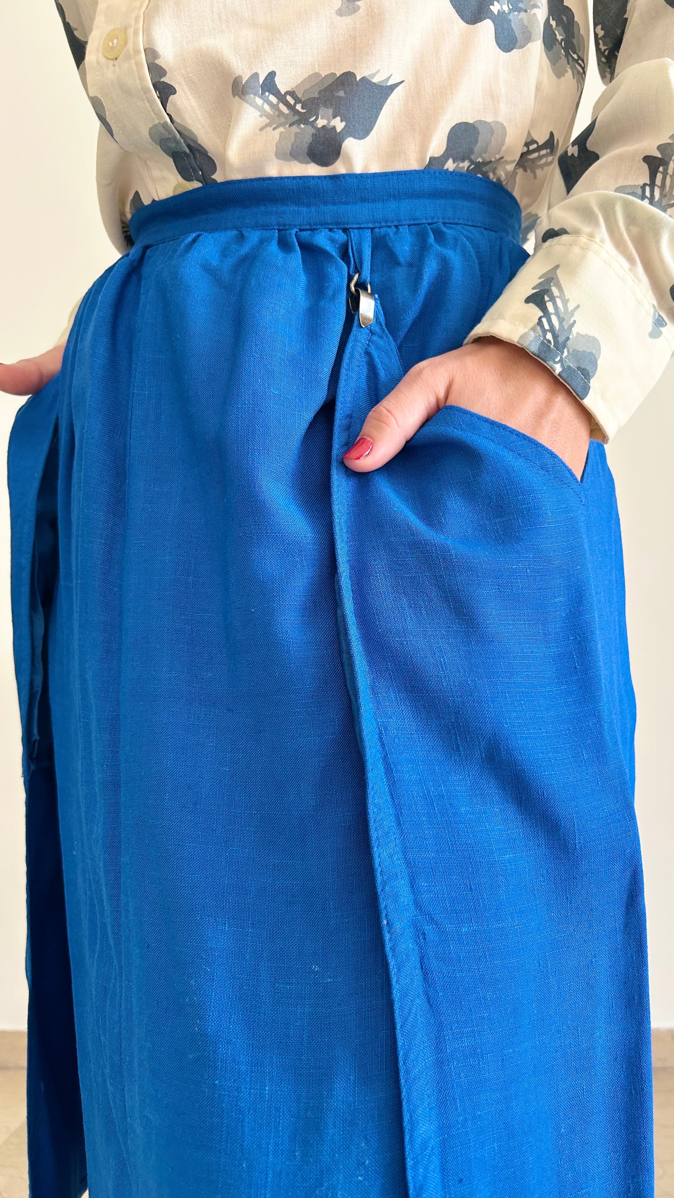 Vintage 1970s Royal Blue Linen Midi Skirt