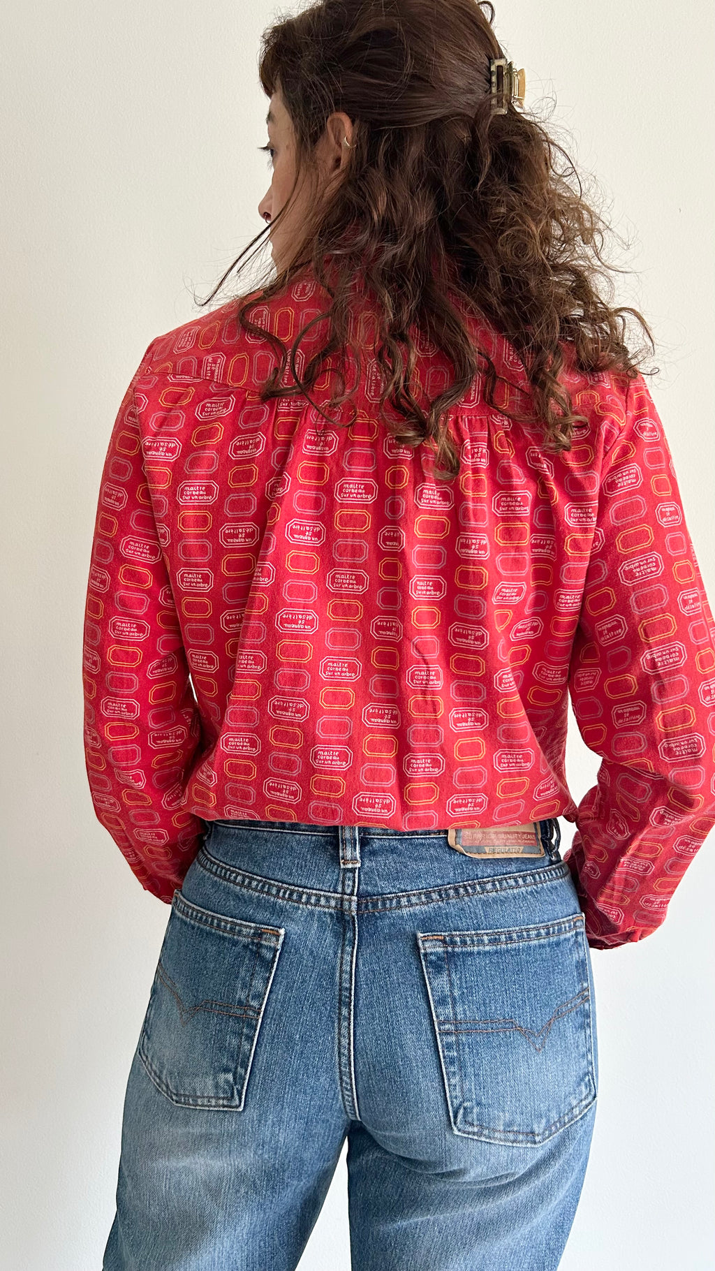 Vintage Red Flannel Shirt with Hexagonal Print