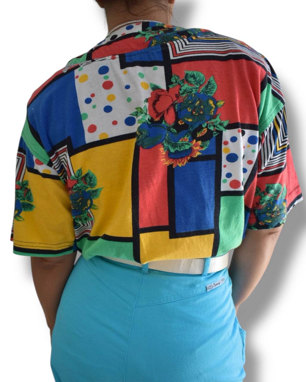 Vintage T-Shirt – Color Block & Pattern Mix with Shoulder Pads