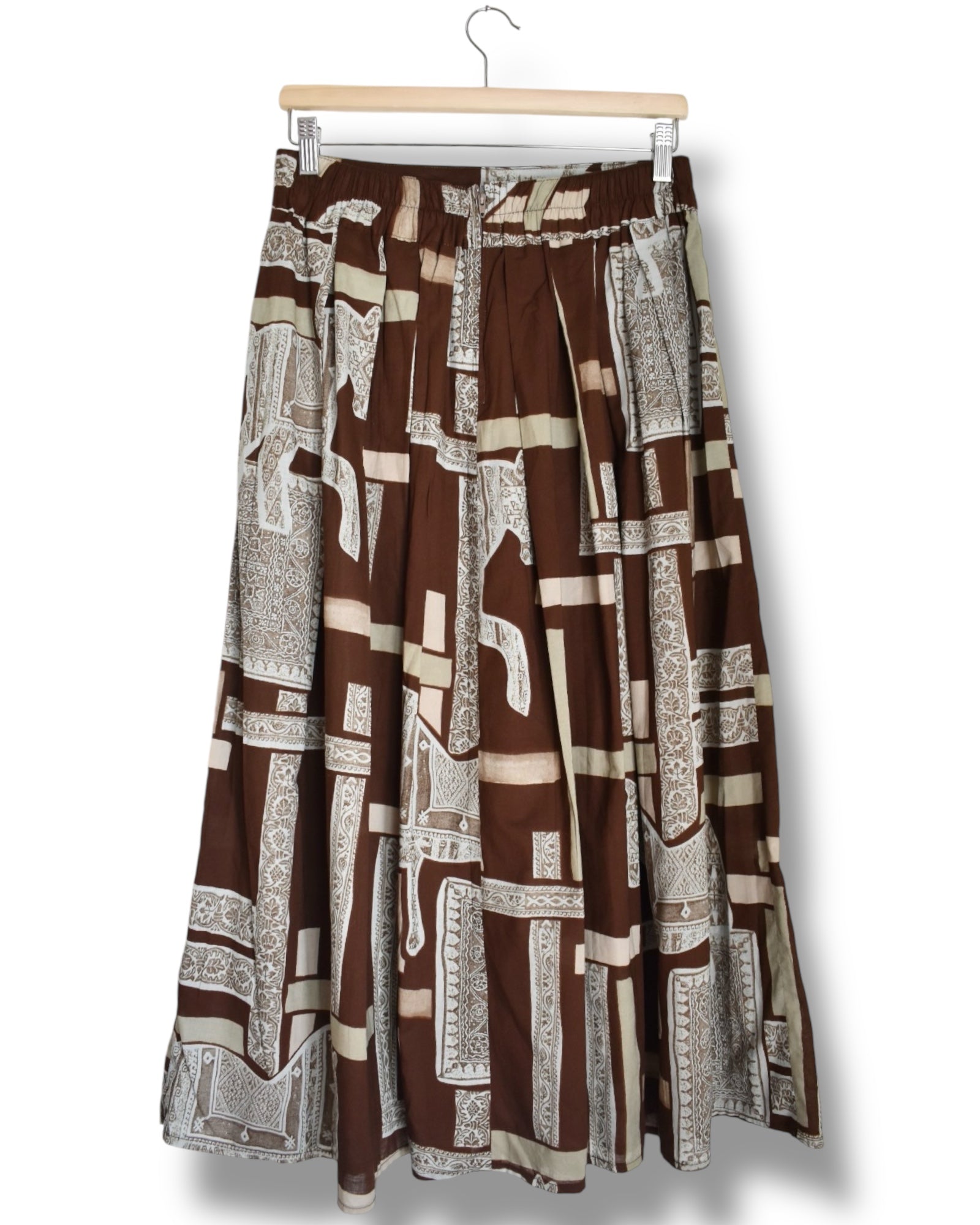 80s/90s Boho Midi Skirt – Brown Geometric & Horse Print