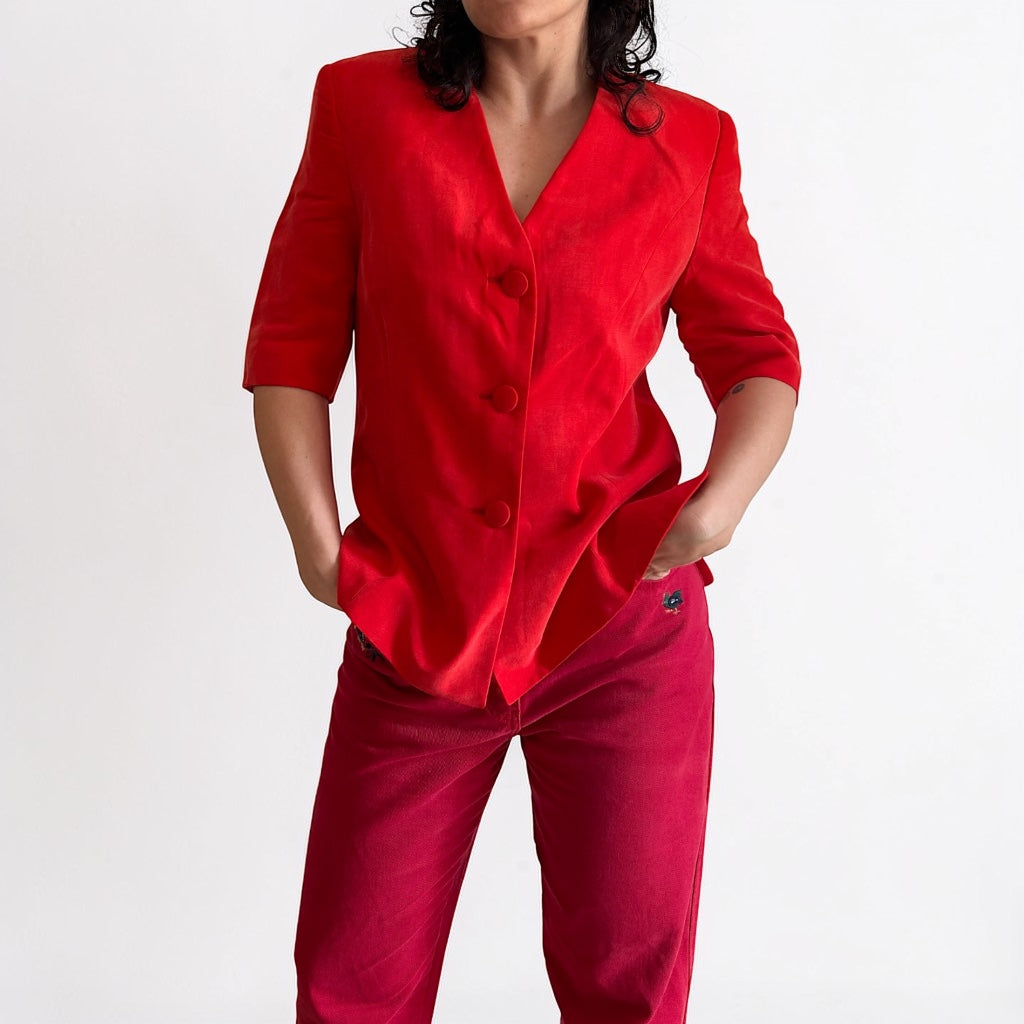 Vintage Structured Red Blazer • Short Sleeve • Vibrant Scarlet