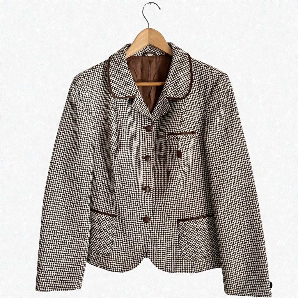 Vintage Houndstooth Virgin Wool Blend Blazer - Brown & Cream