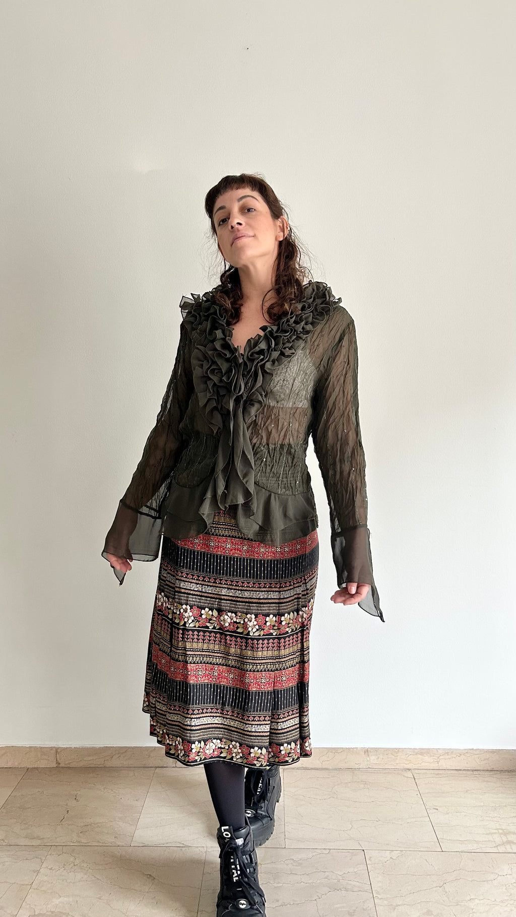 2000s Sheer Fairy-Style Blouse in Dark Green Silk Blend