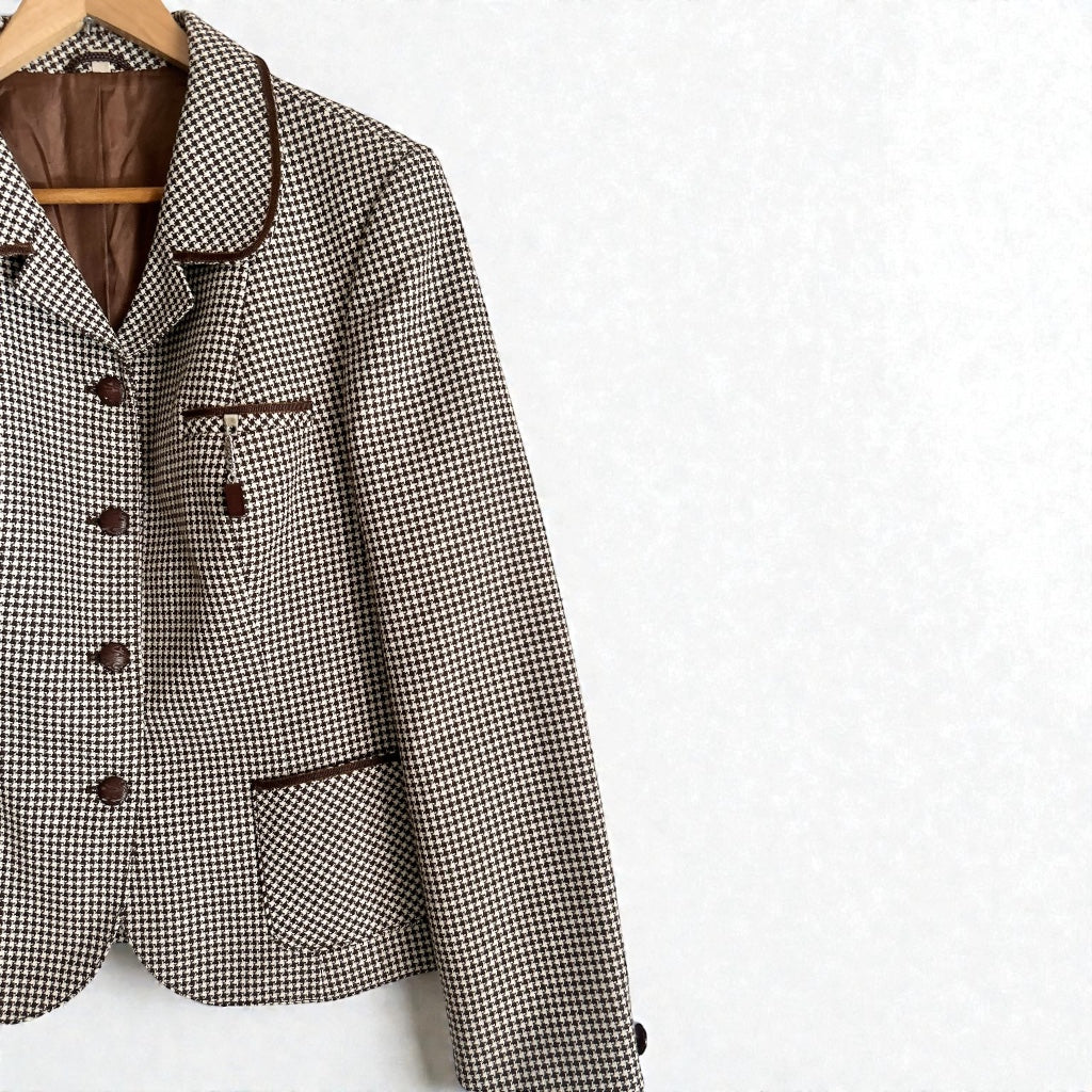 Vintage Houndstooth Virgin Wool Blend Blazer - Brown & Cream