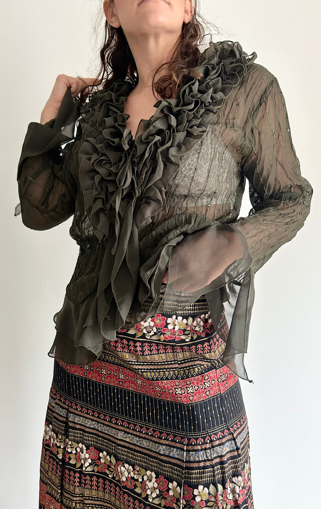 2000s Sheer Fairy-Style Blouse in Dark Green Silk Blend