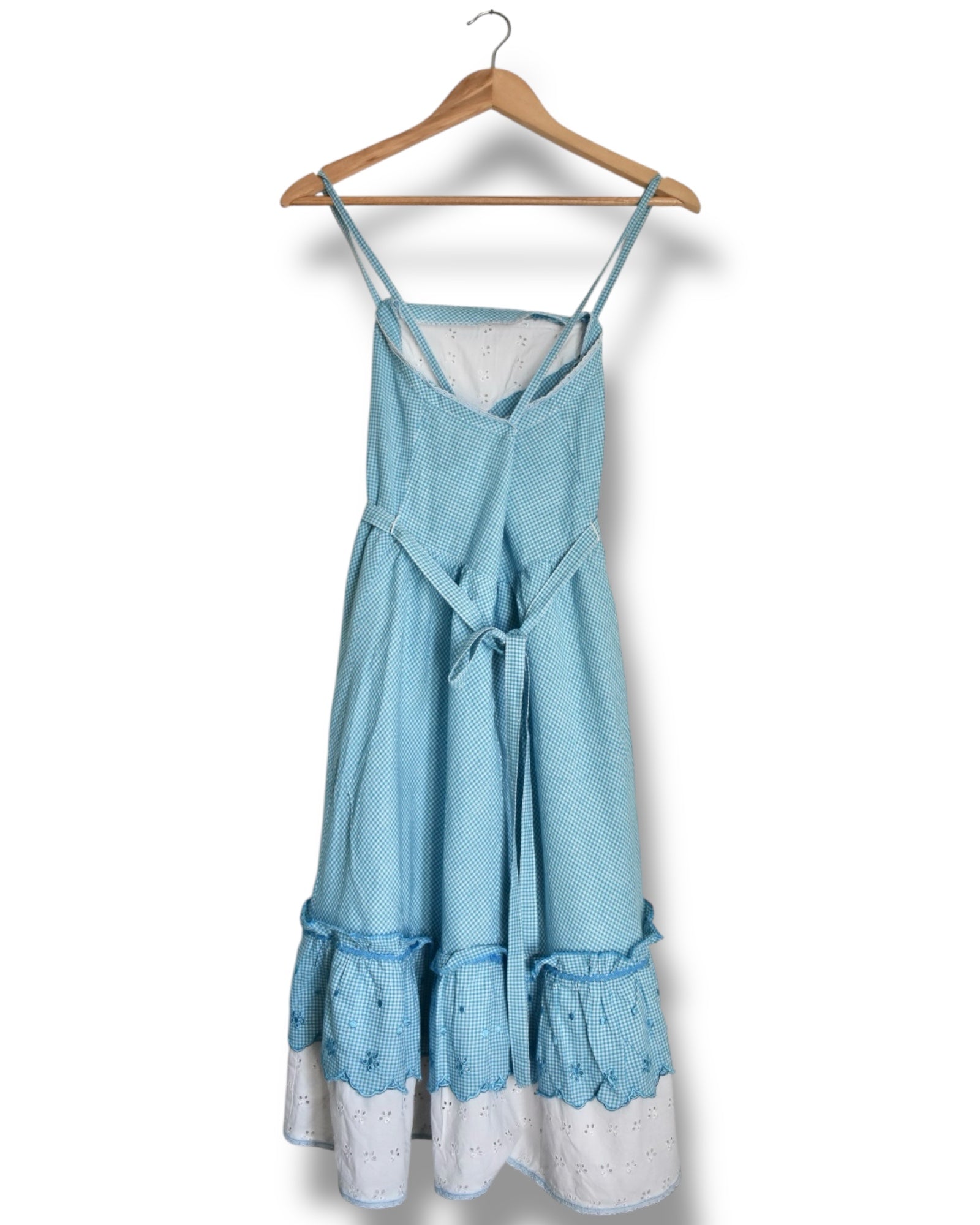 Vintage Blue Gingham Cotton Dress with Eyelet Trim