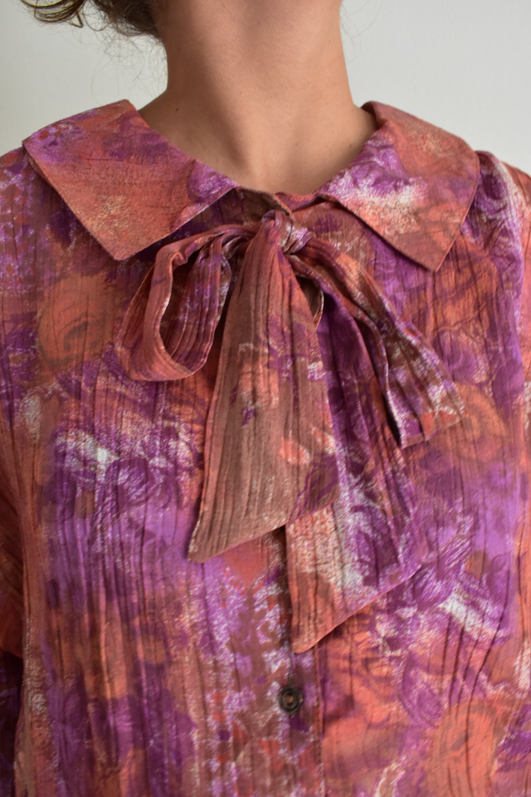 Vintage Women’s Long-Sleeve Blouse in Earthy and Purple Tones