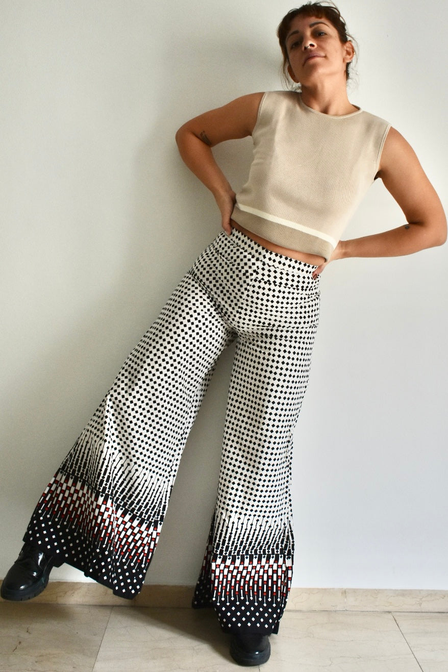 Vintage Handmade 70s High-Waist Flared Pants with Geometric Print
