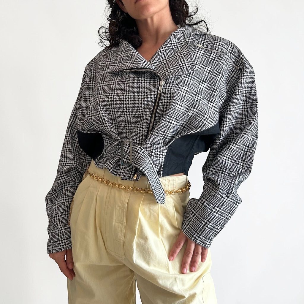 80s Houndstooth Plaid Moto Jacket • Padded Shoulders • Belted Waist