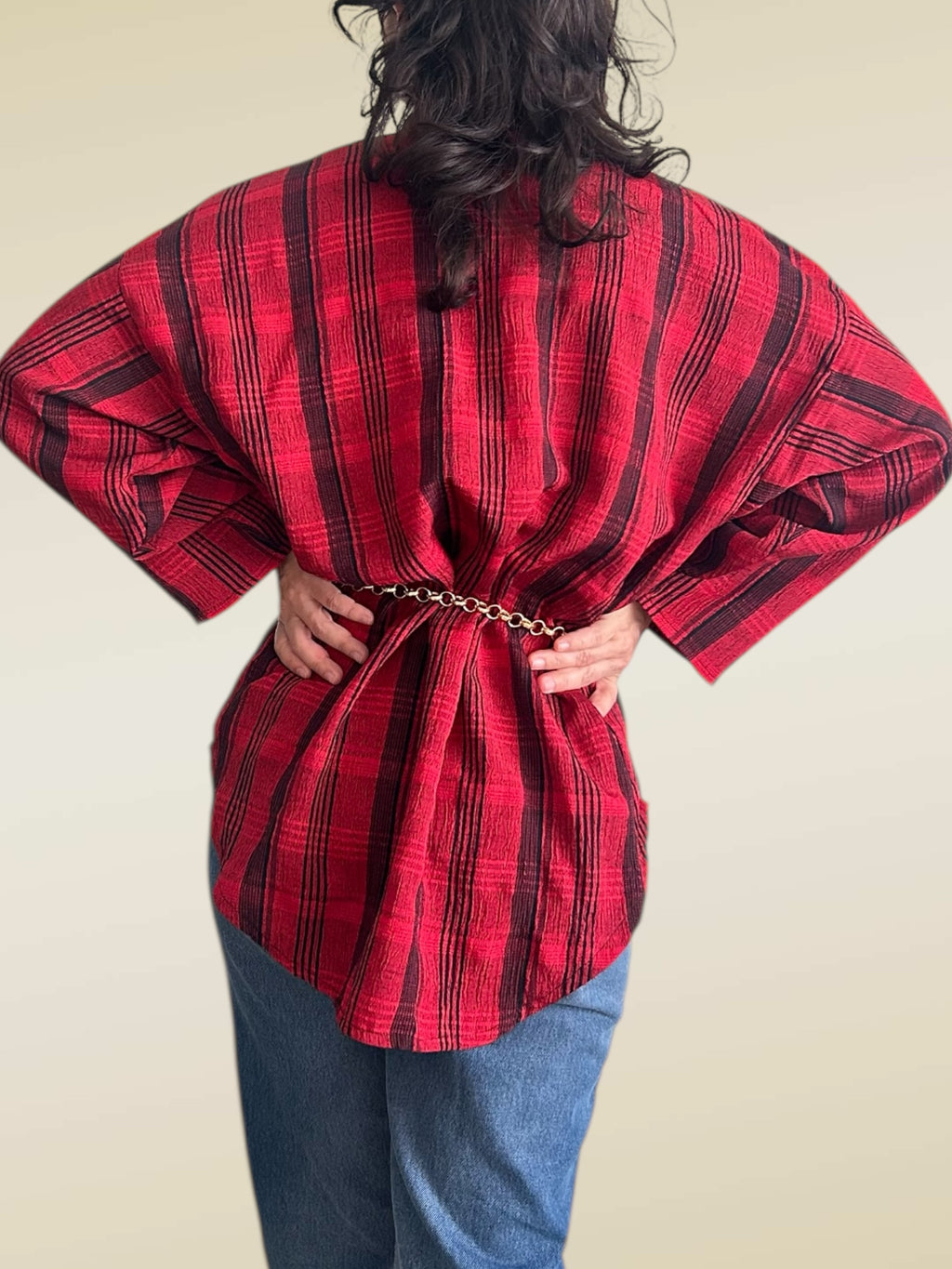 Vintage Red & Black Plaid Band Collar Blouse