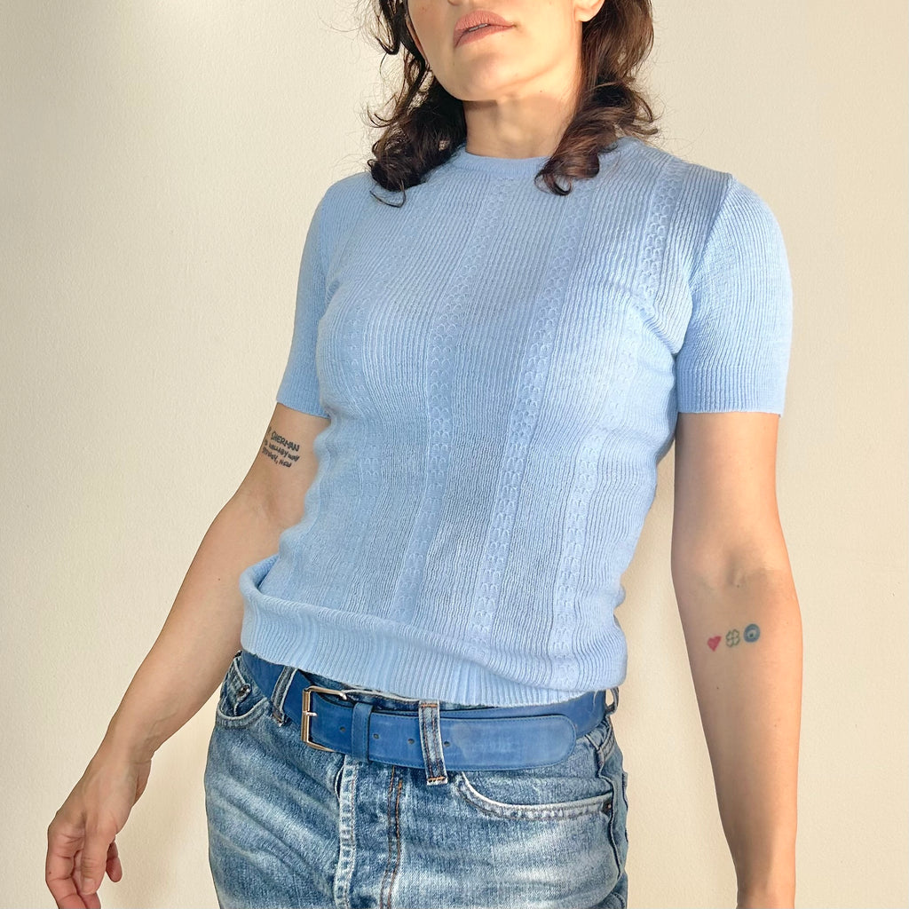 1970s Sky Blue Pointelle Ribbed Knit Top