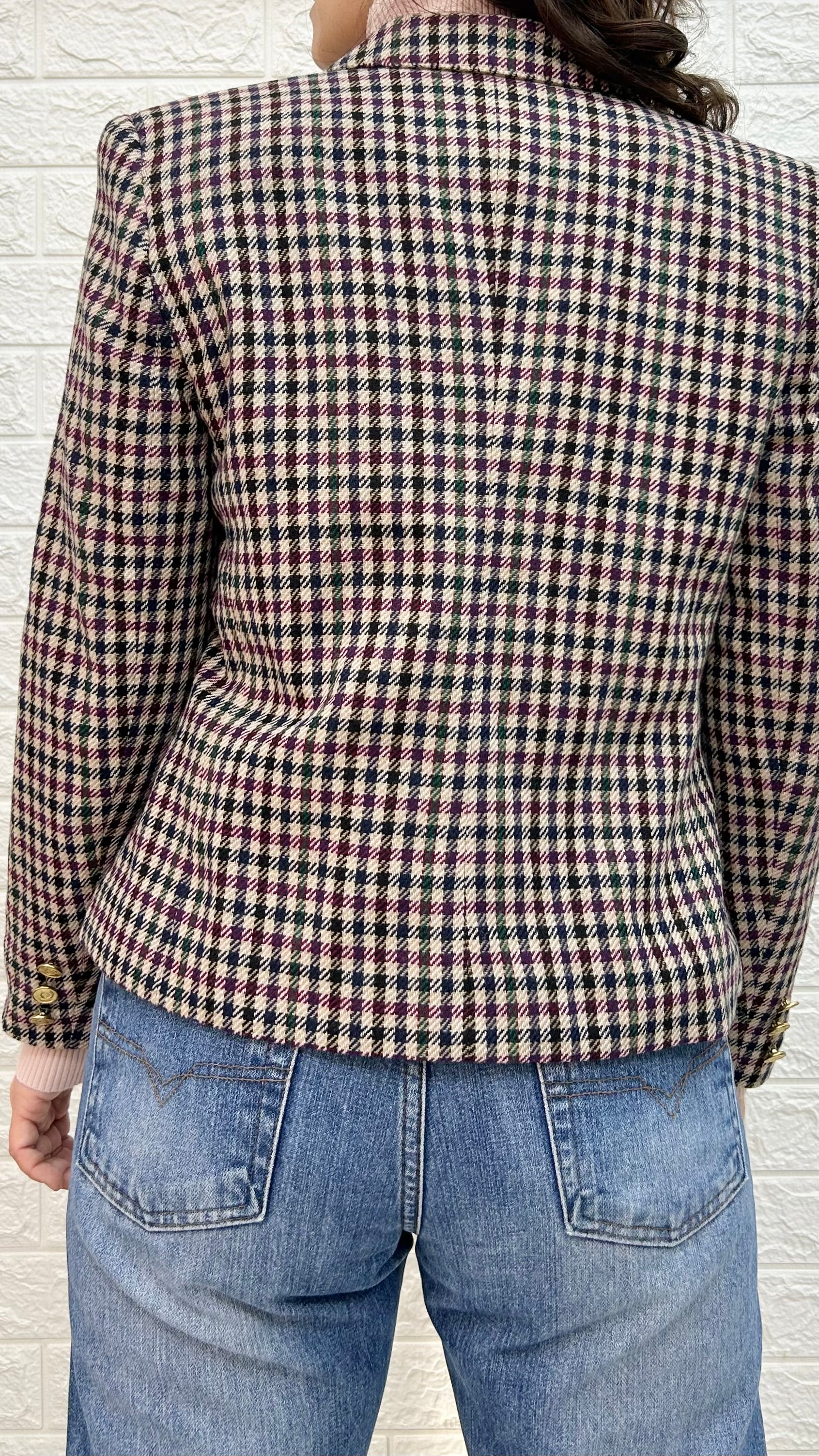 Vintage Wool Blend Blazer – Classic Check Pattern