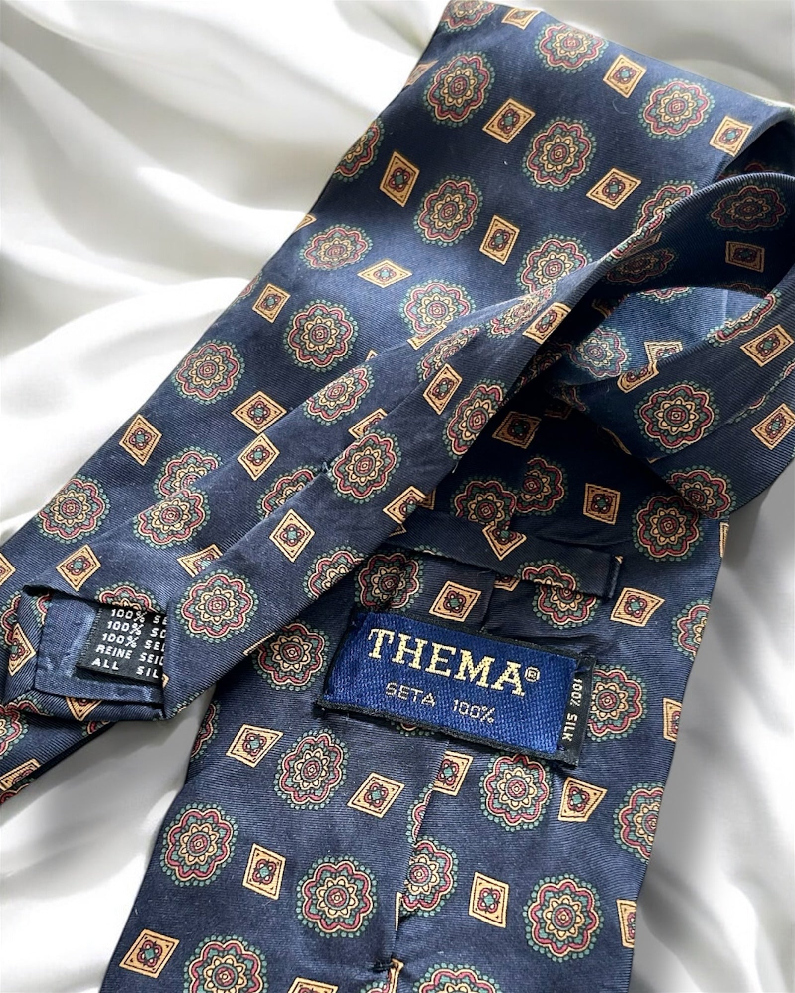 Vintage 100% Silk Tie — Geometric Medallion Pattern