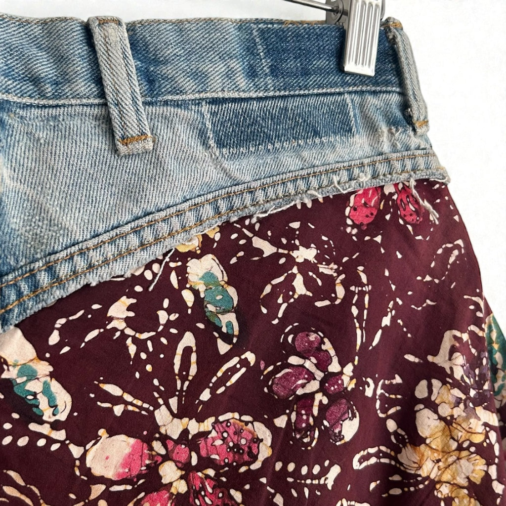 Vintage Y2K Denim & Batik Flare Skirt