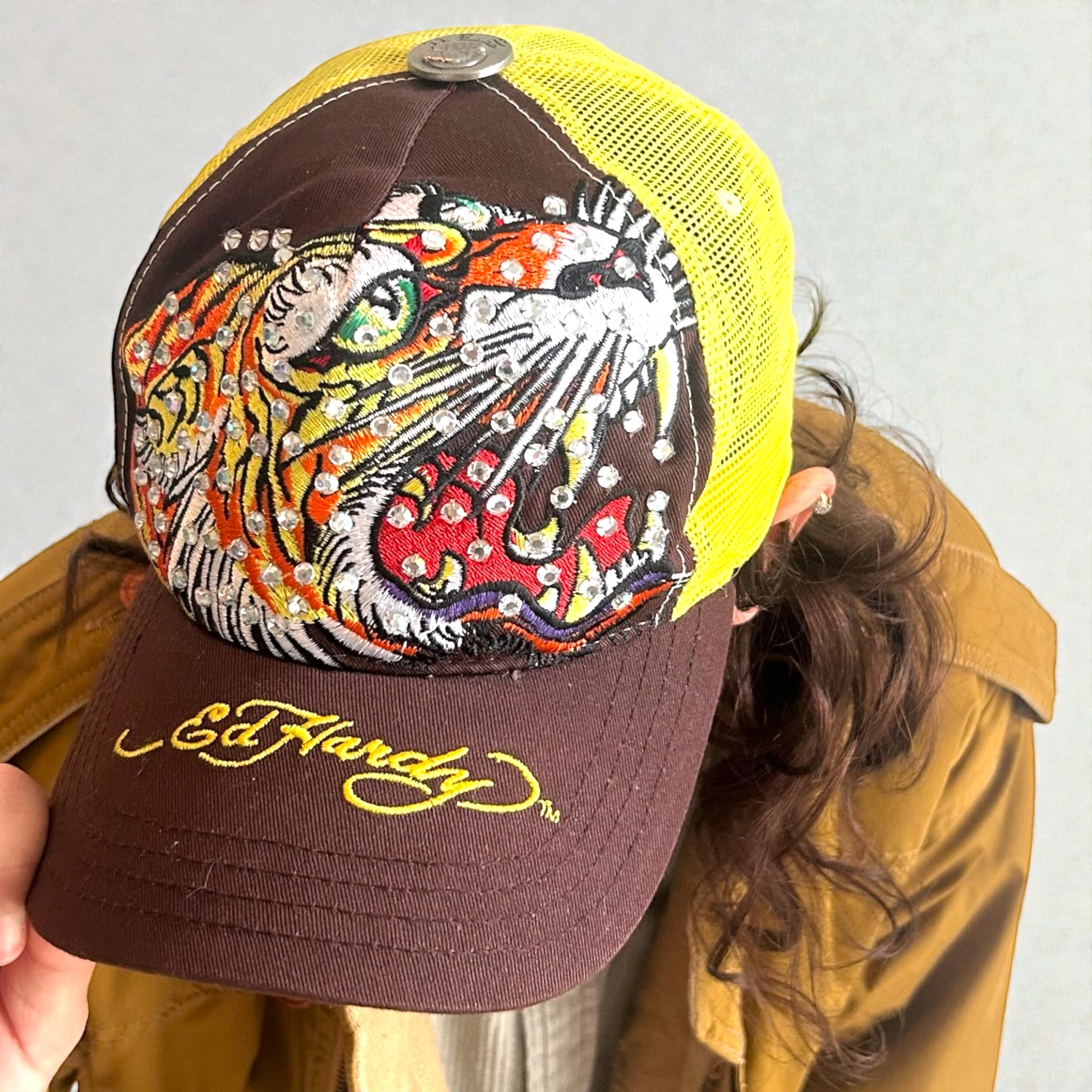 Vintage Ed Hardy Tiger Rhinestone Trucker Hat - Christian Audigier Era