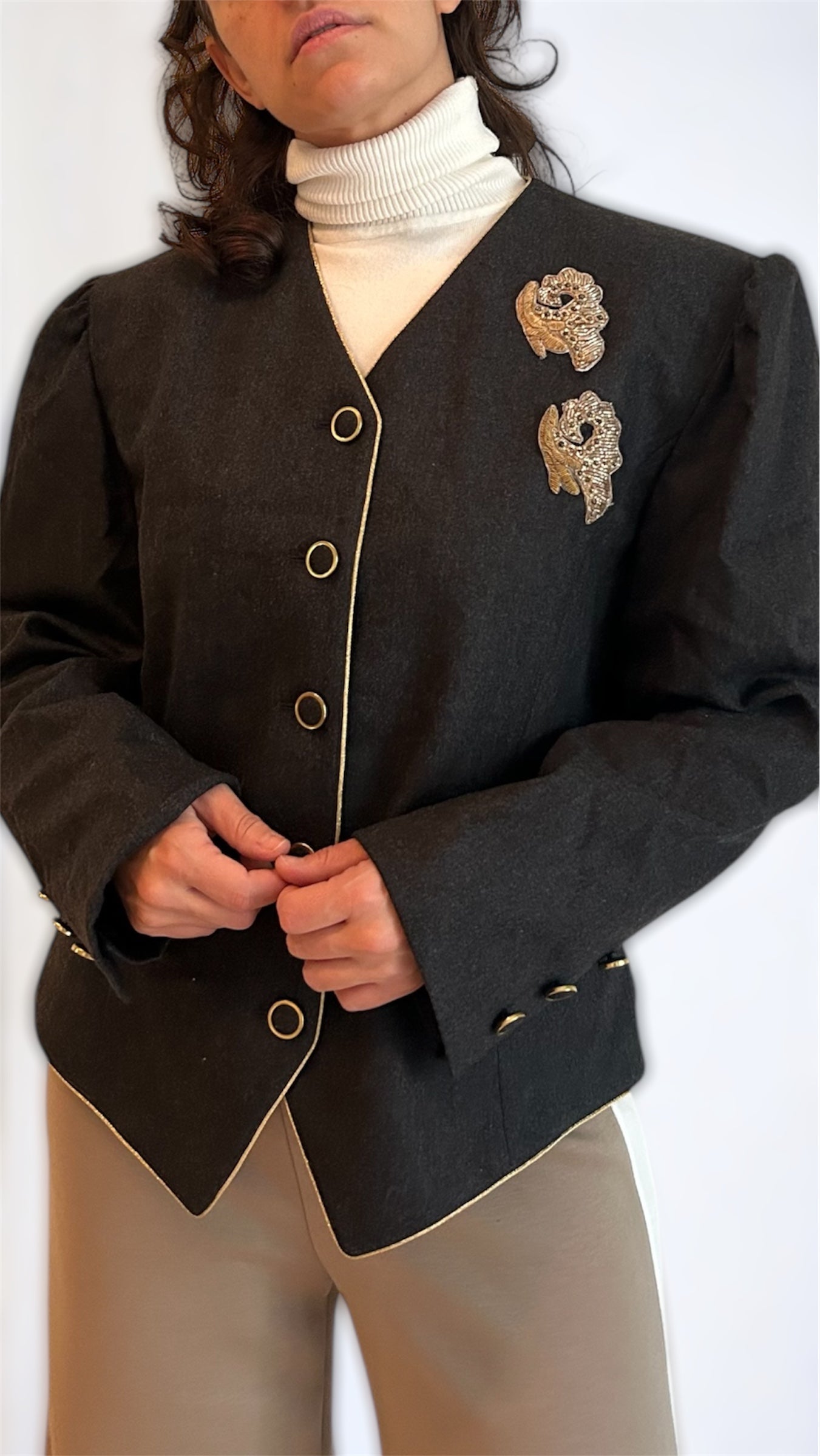 Vintage Dark Grey Blazer – Gold Trim & Beaded Detail