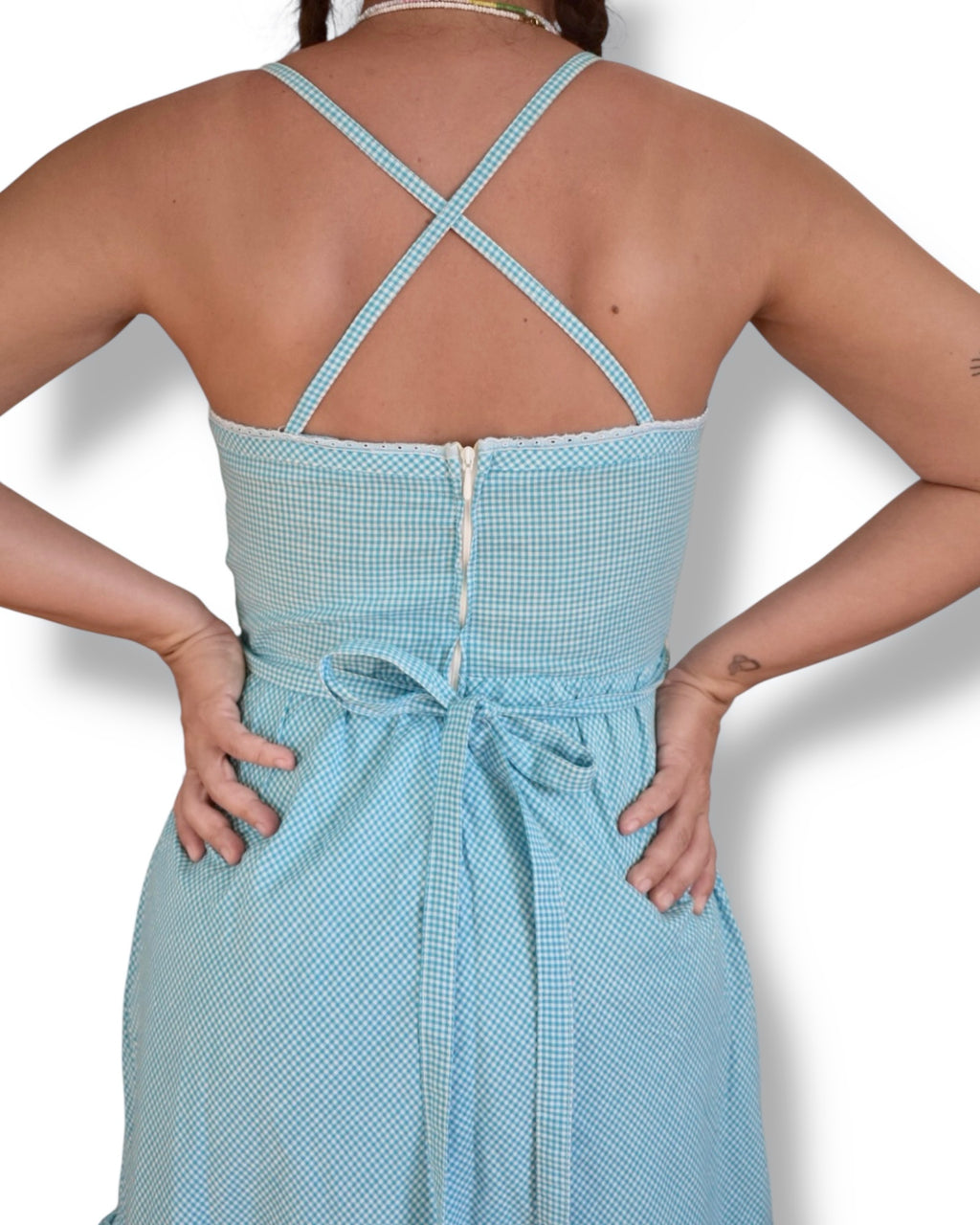 Vintage Blue Gingham Cotton Dress with Eyelet Trim