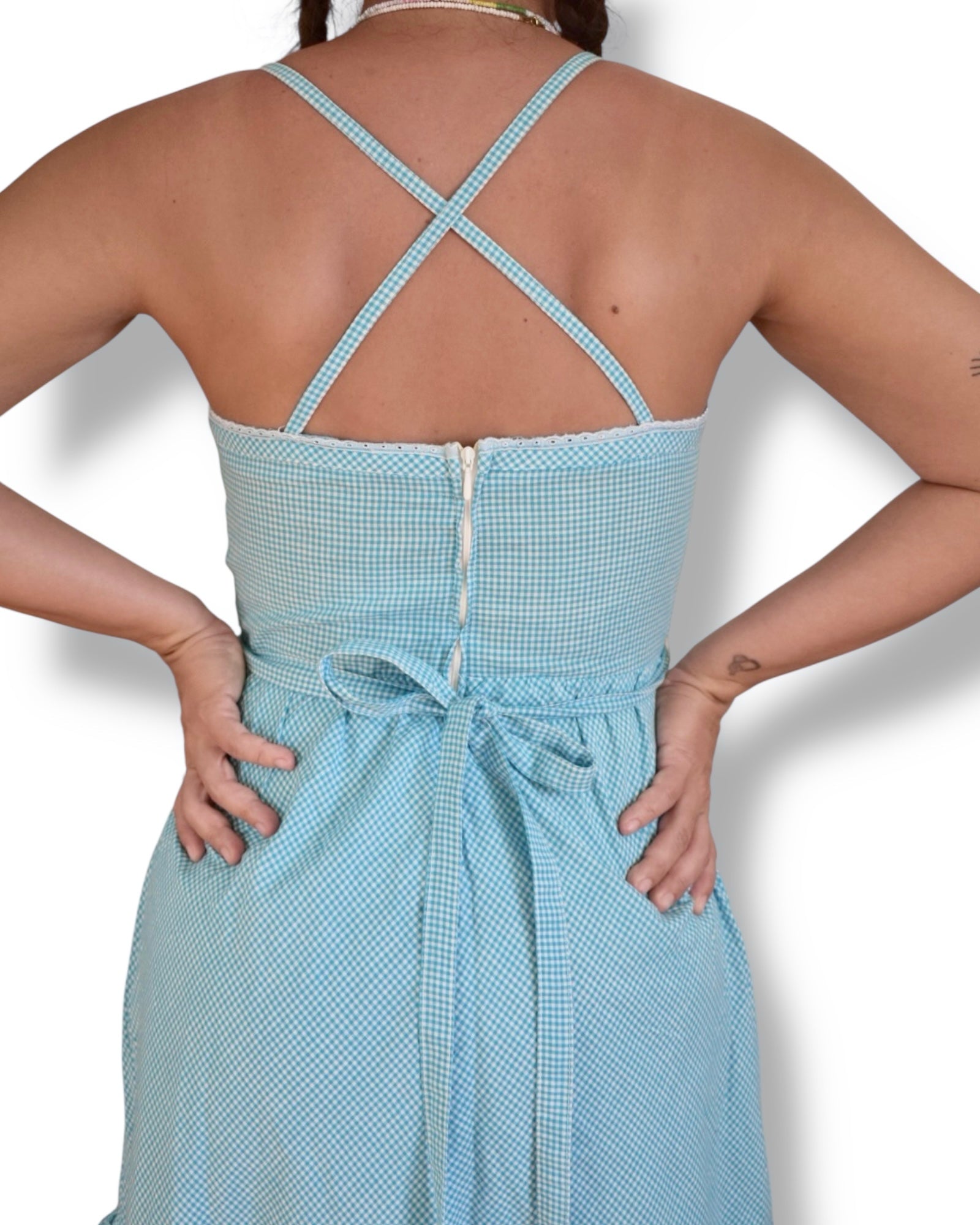 Vintage Blue Gingham Cotton Dress with Eyelet Trim