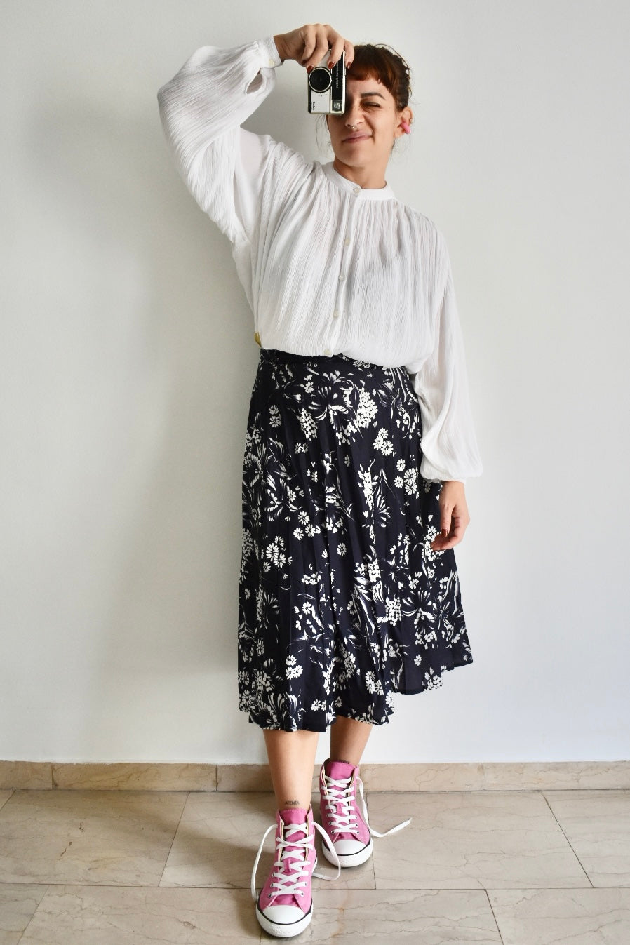 Vintage Dark Blue Flared Midi Skirt with Floral Print